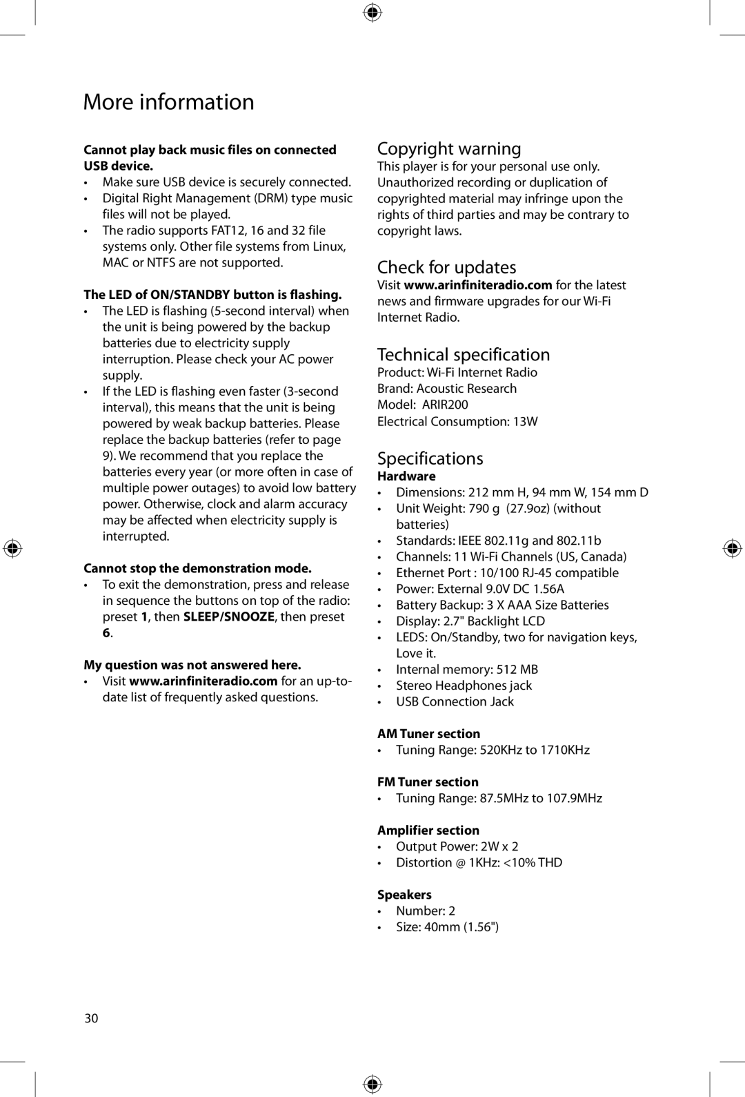 Acoustic Research ARIR200 user manual Copyright warning, Check for updates Technical specification, Specifications 