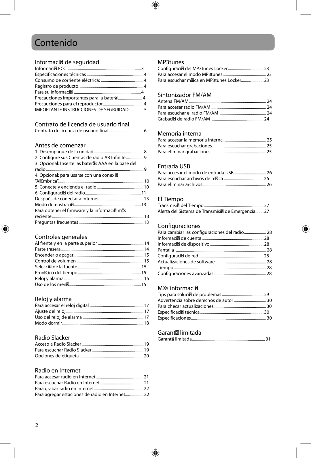 Acoustic Research ARIR200 user manual Contenido, Información de seguridad 