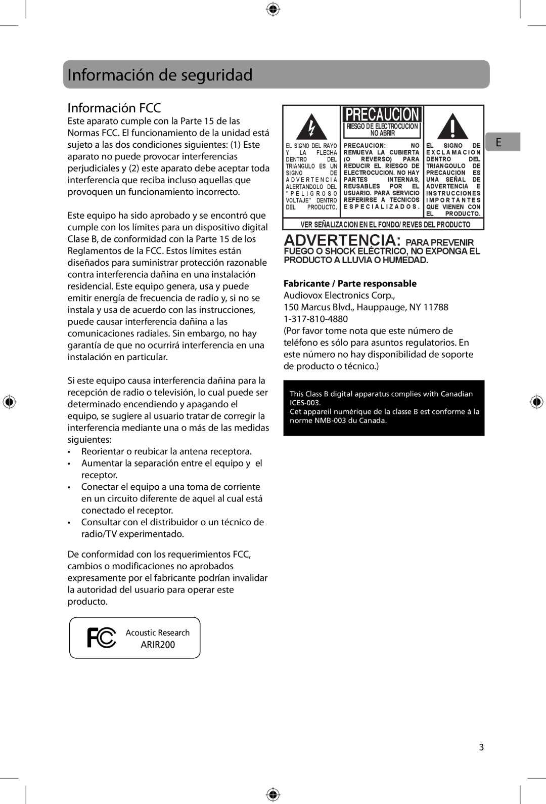 Acoustic Research ARIR200 user manual Información de seguridad, Información FCC, Fabricante / Parte responsable 