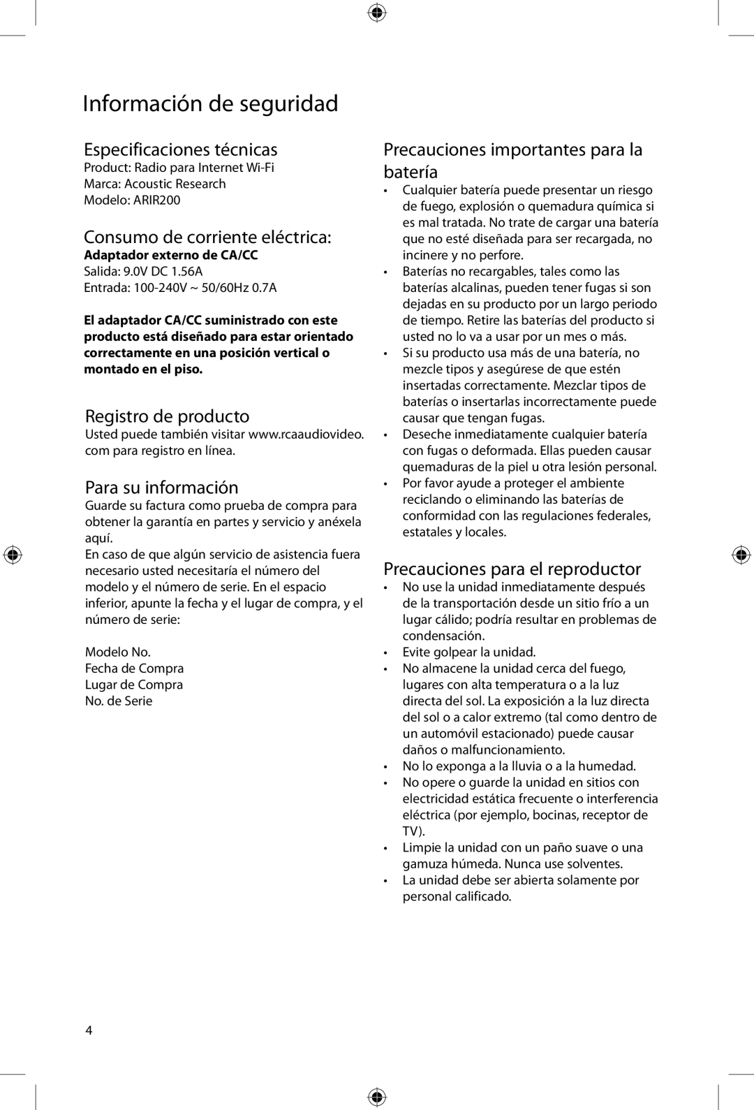 Acoustic Research ARIR200 Especificaciones técnicas, Consumo de corriente eléctrica, Precauciones para el reproductor 