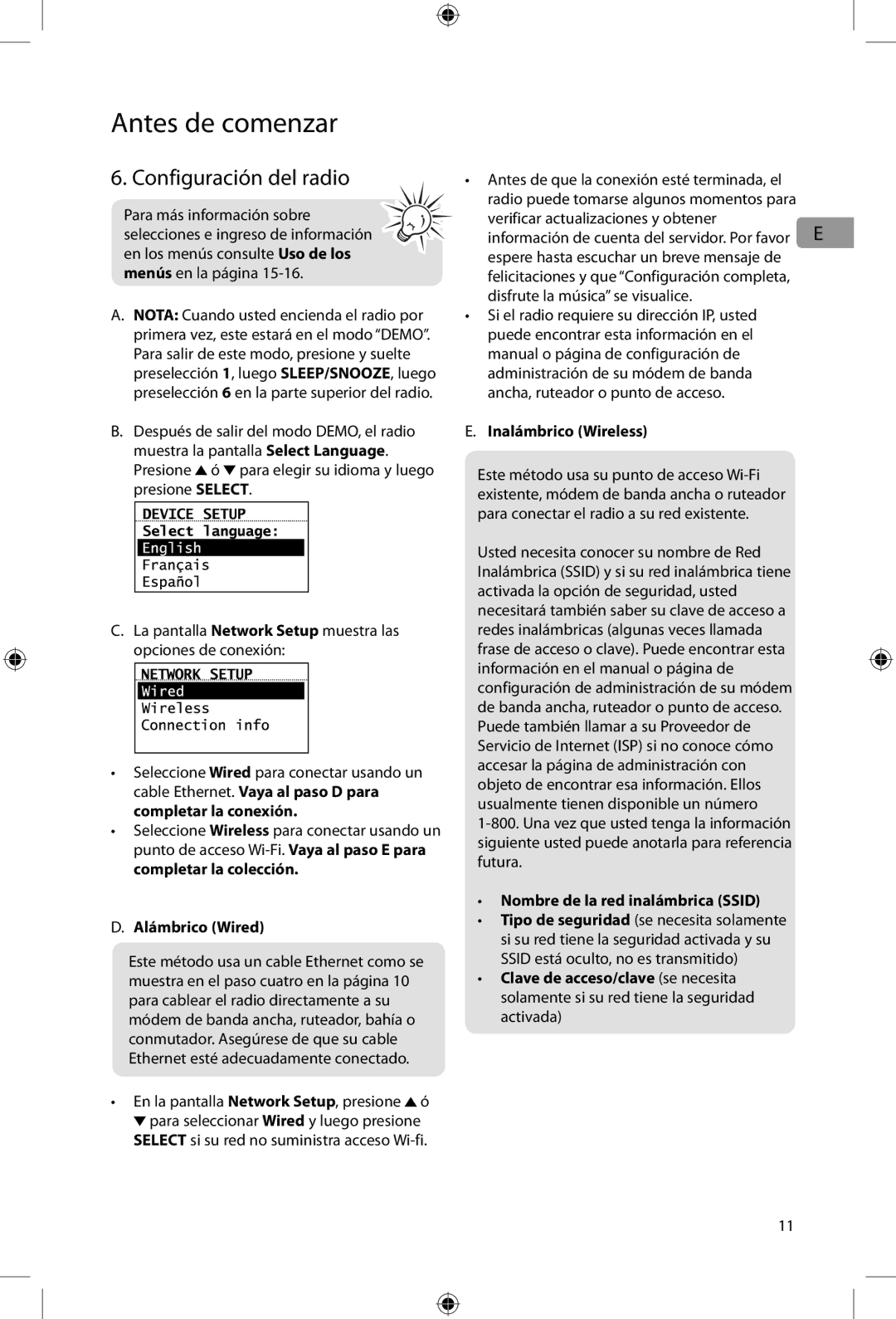 Acoustic Research ARIR200 user manual Configuración del radio, La pantalla Network Setup muestra las opciones de conexión 