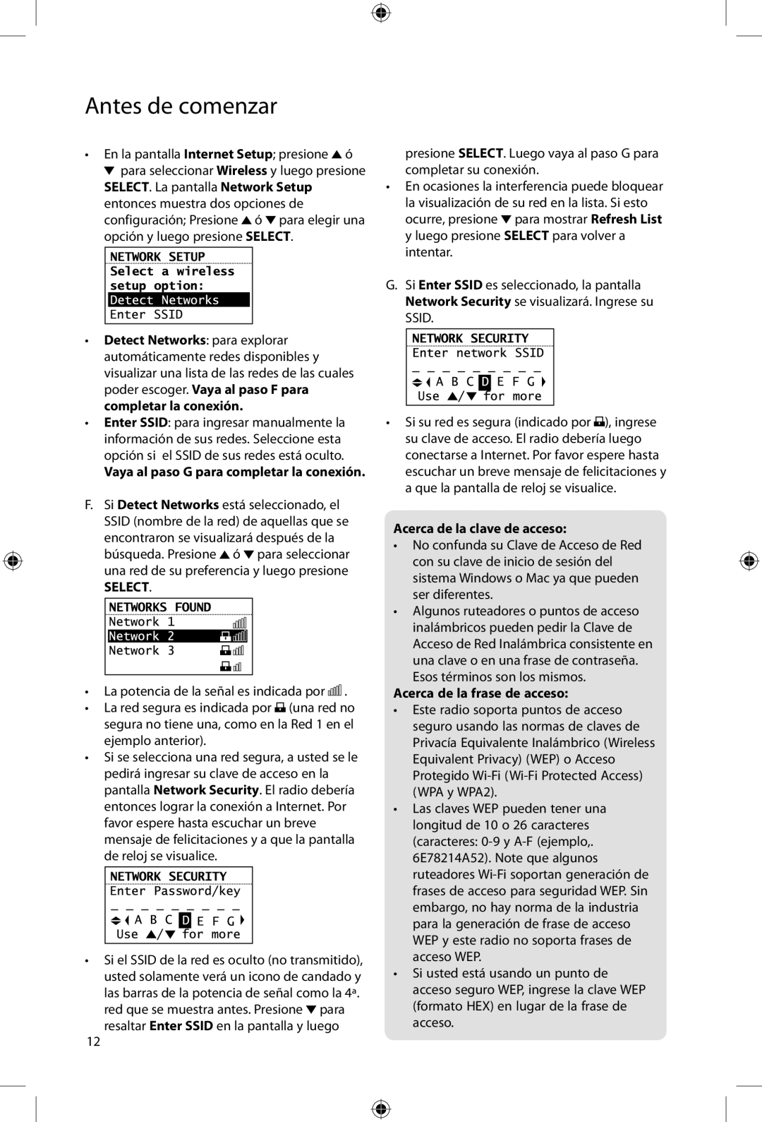 Acoustic Research ARIR200 user manual Acerca de la clave de acceso, Acerca de la frase de acceso 