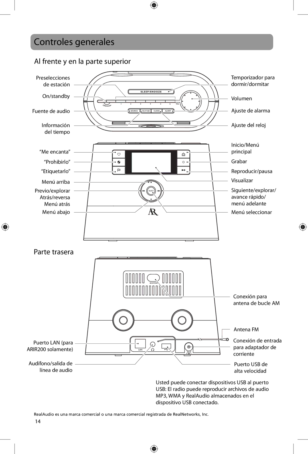 Acoustic Research ARIR200 user manual Controles generales, Al frente y en la parte superior, Parte trasera, Antena FM 