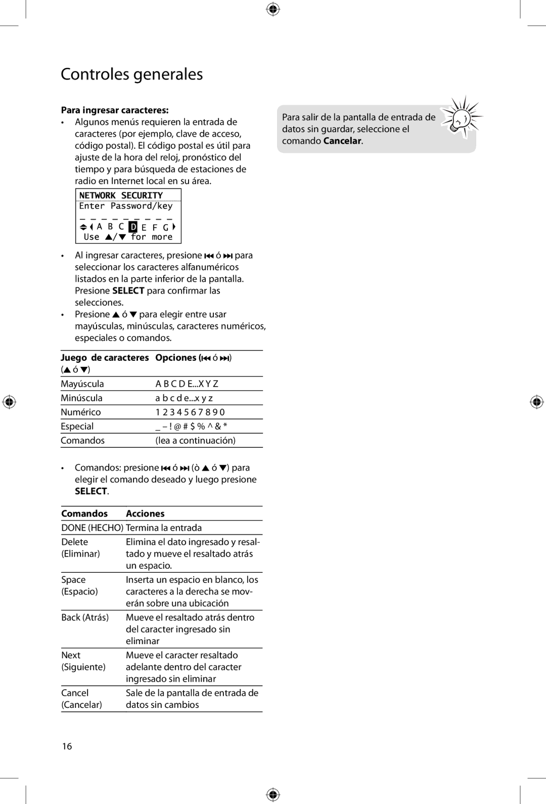 Acoustic Research ARIR200 user manual Para ingresar caracteres, Comandos Acciones 