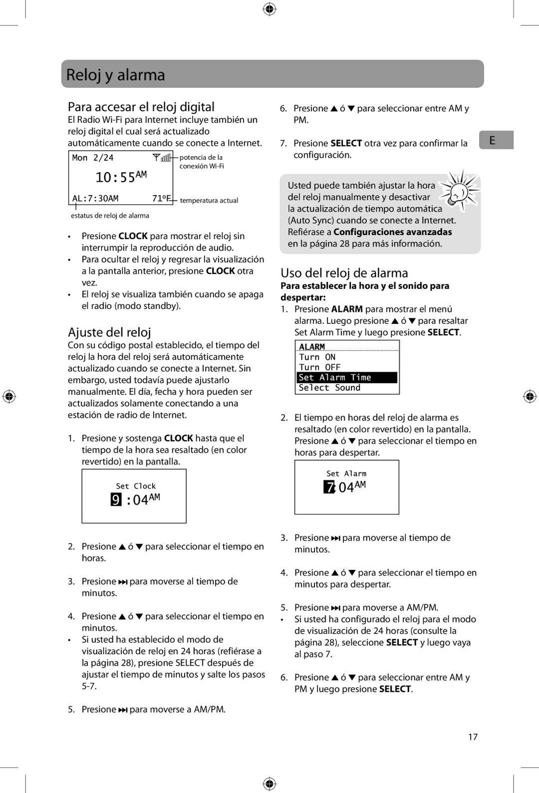 Acoustic Research ARIR200 Reloj y alarma, Para accesar el reloj digital, Ajuste del reloj, Uso del reloj de alarma 