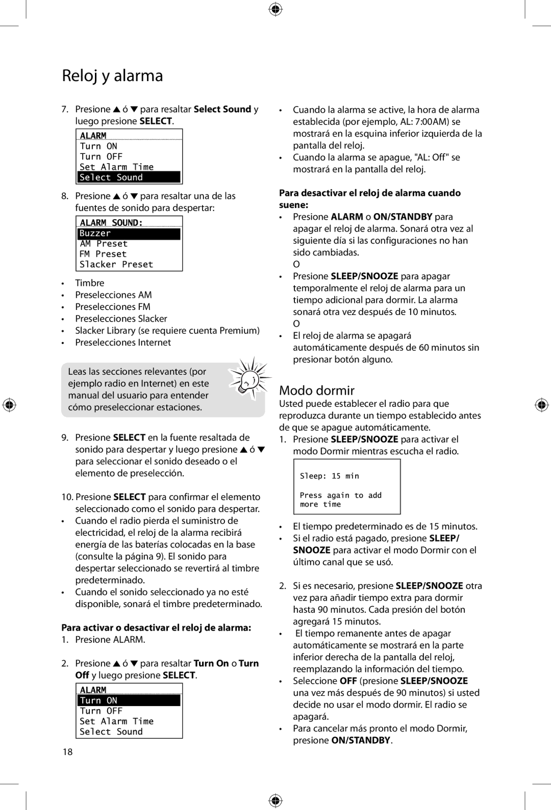 Acoustic Research ARIR200 user manual Modo dormir, Para activar o desactivar el reloj de alarma 