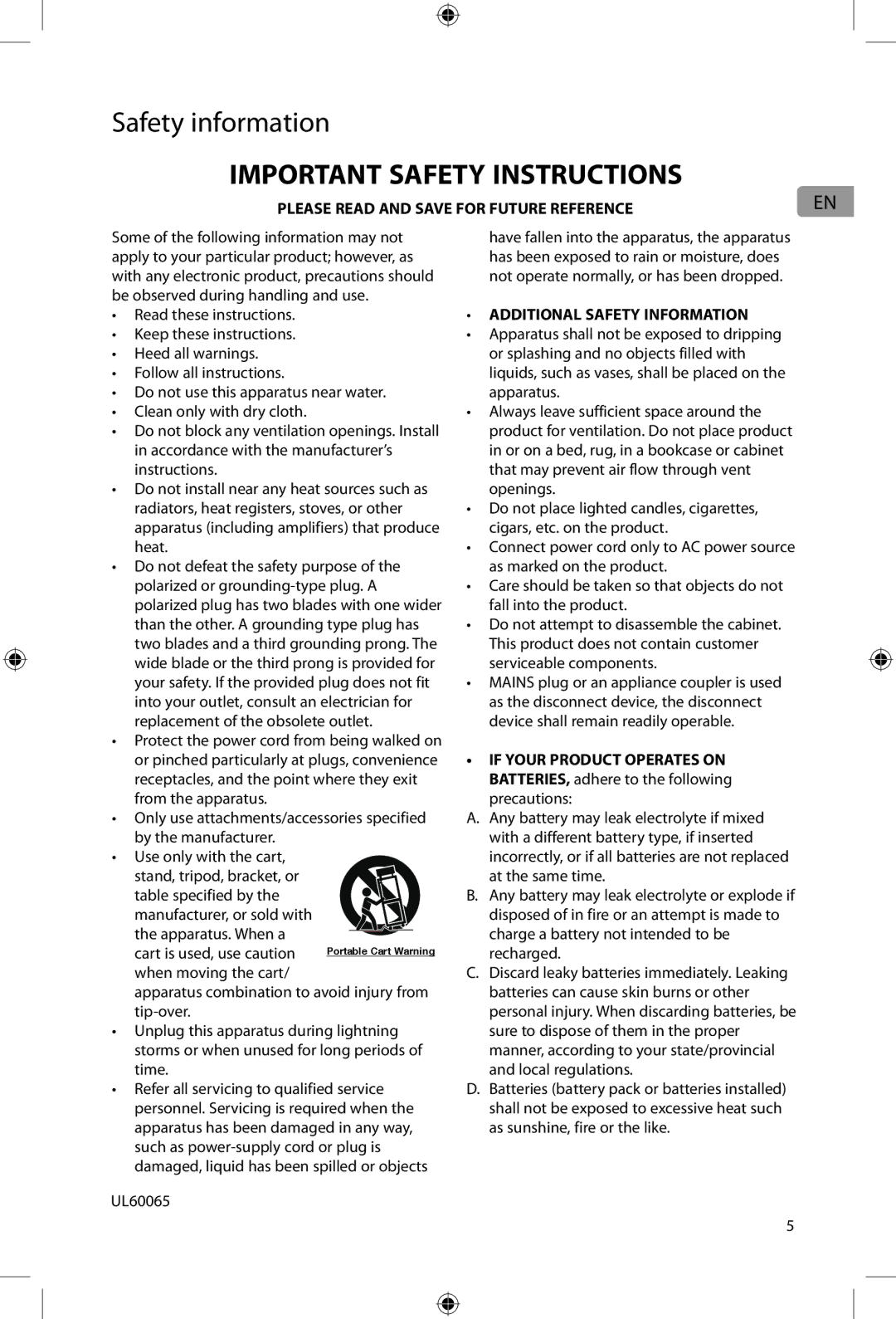 Acoustic Research ARIR200 user manual Important Safety Instructions, UL60065 