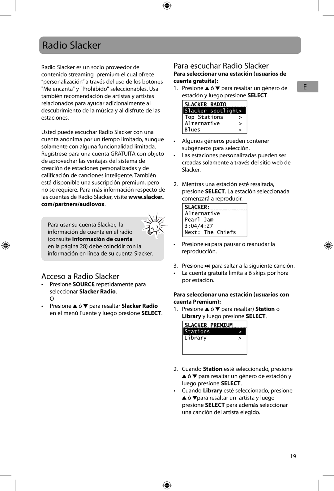 Acoustic Research ARIR200 user manual Para escuchar Radio Slacker, Acceso a Radio Slacker 