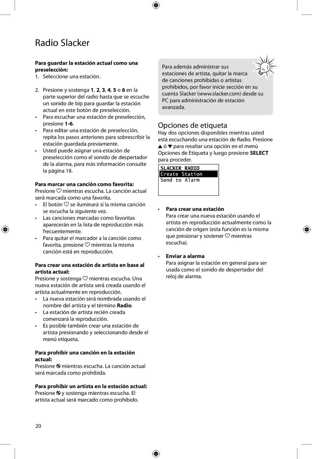 Acoustic Research ARIR200 Opciones de etiqueta, Para guardar la estación actual como una preselección, Enviar a alarma 