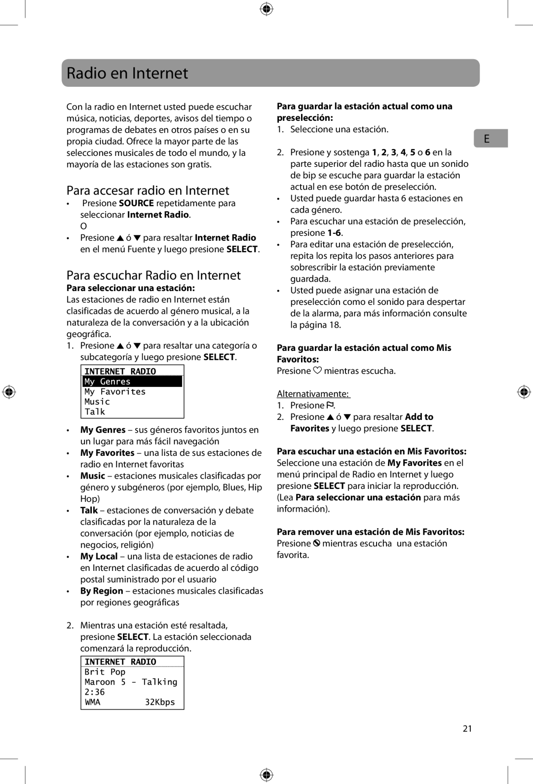 Acoustic Research ARIR200 user manual Para accesar radio en Internet, Para escuchar Radio en Internet 