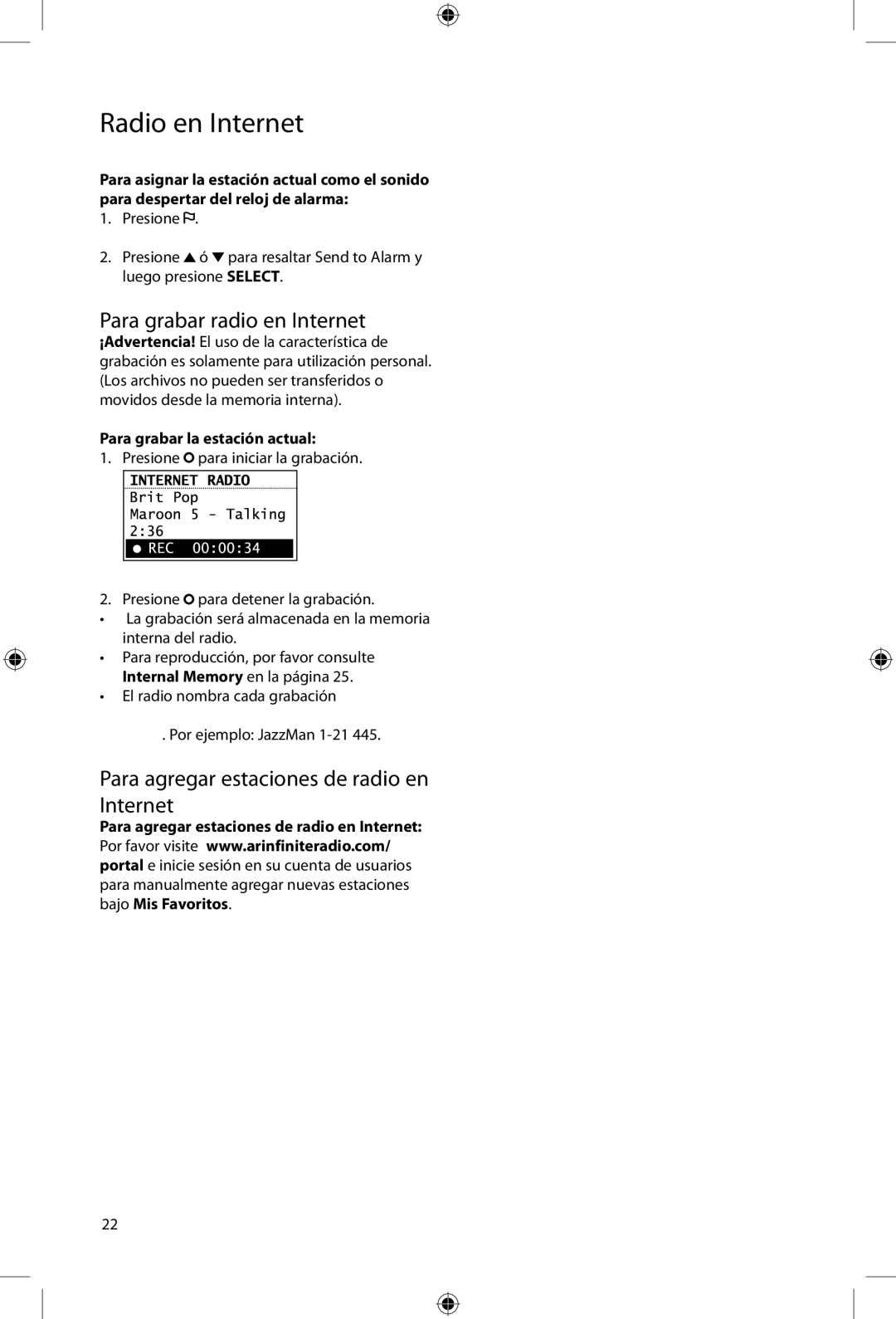 Acoustic Research ARIR200 user manual Para grabar radio en Internet, Para agregar estaciones de radio en Internet 