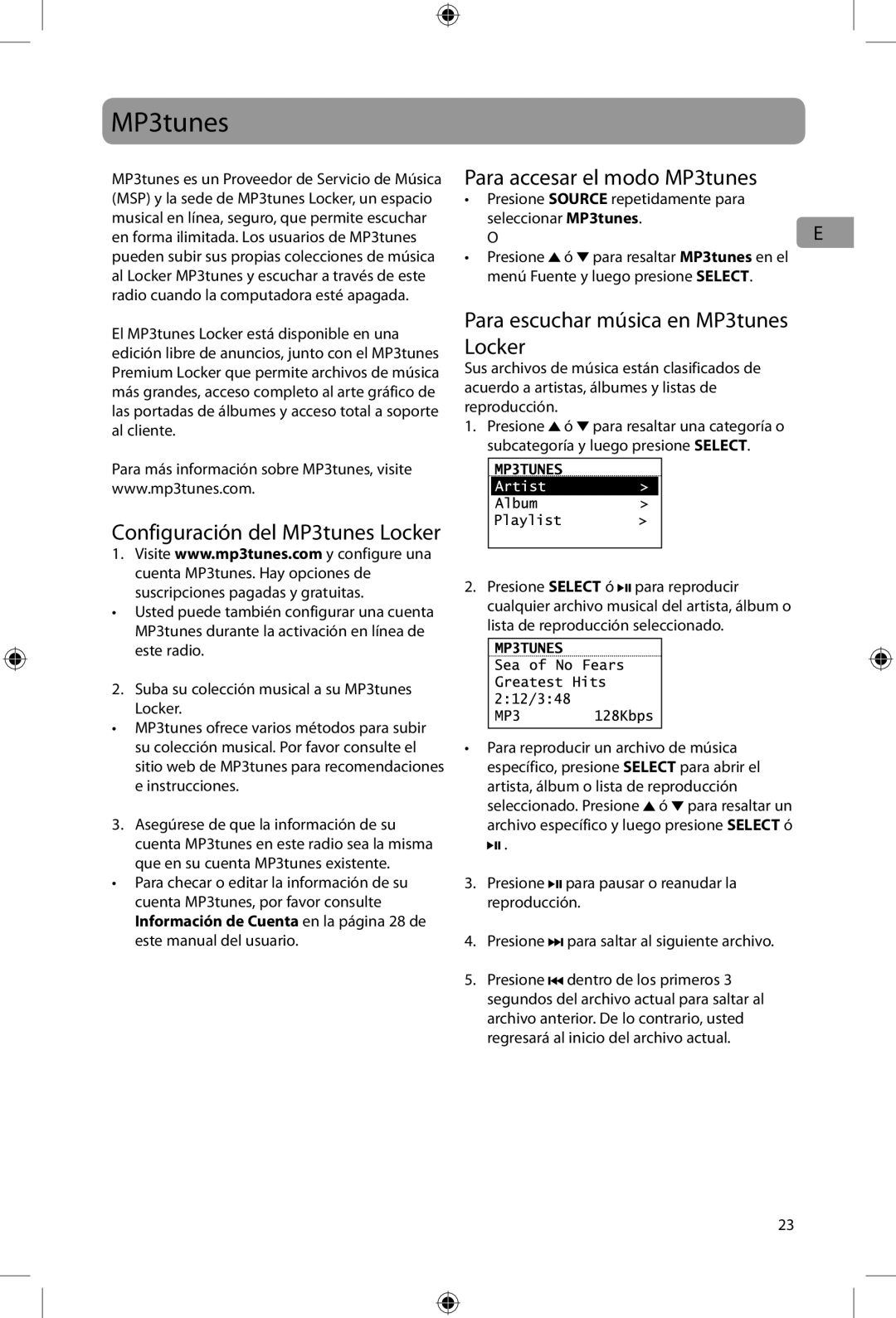 Acoustic Research ARIR200 user manual Para accesar el modo MP3tunes, Para escuchar música en MP3tunes Locker 