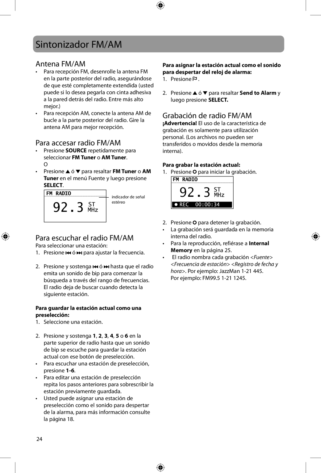 Acoustic Research ARIR200 Sintonizador FM/AM, Antena FM/AM, Para accesar radio FM/AM, Para escuchar el radio FM/AM 