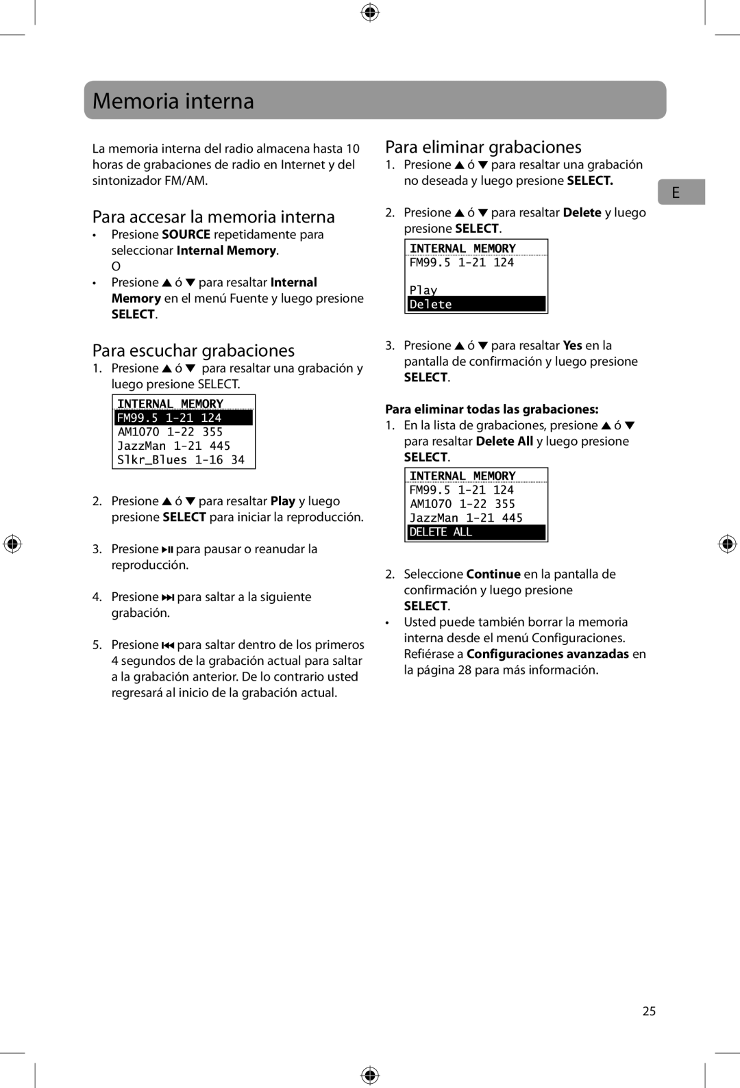 Acoustic Research ARIR200 user manual Memoria interna, Para accesar la memoria interna, Para eliminar grabaciones 