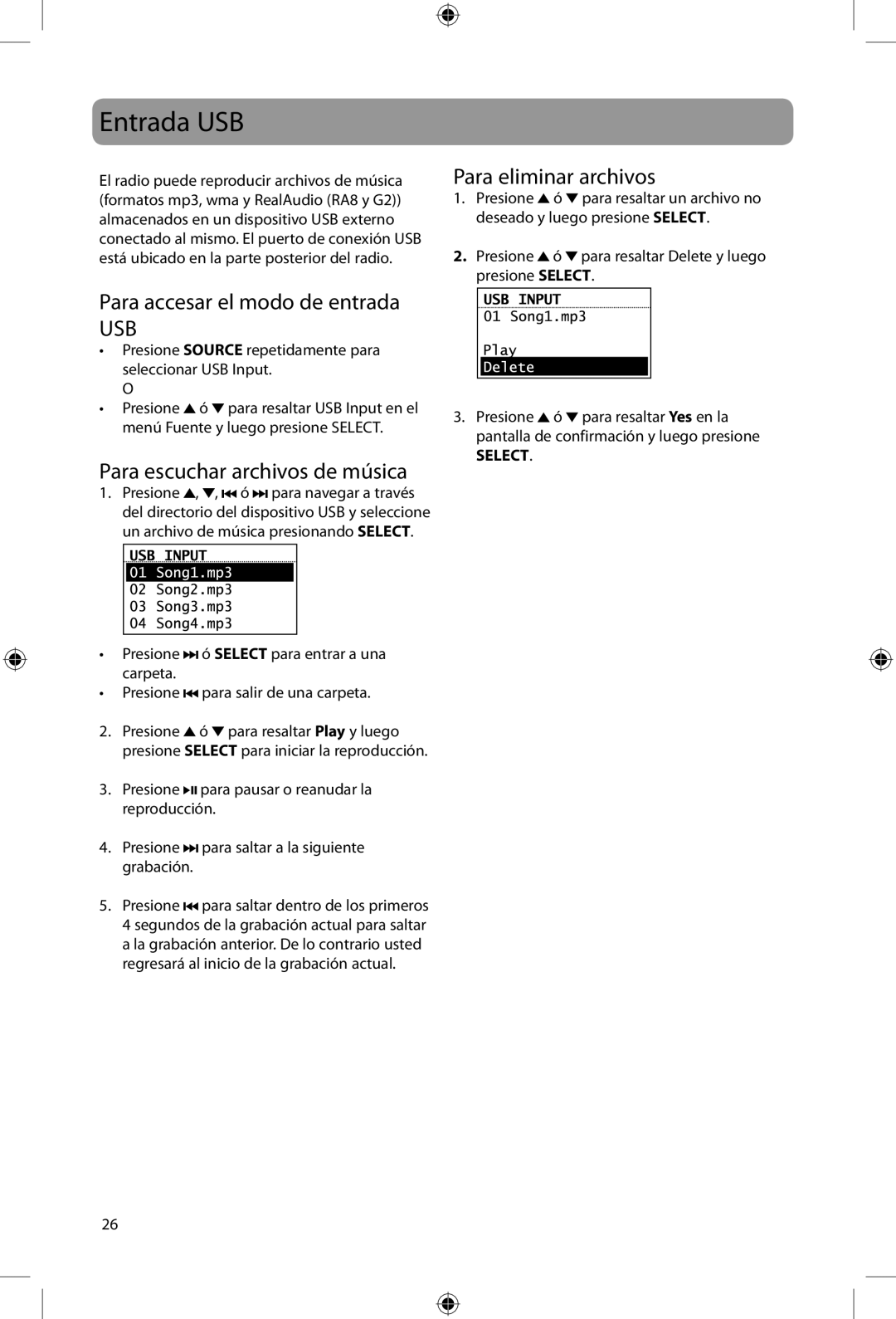 Acoustic Research ARIR200 user manual Entrada USB, Para accesar el modo de entrada, Para escuchar archivos de música 