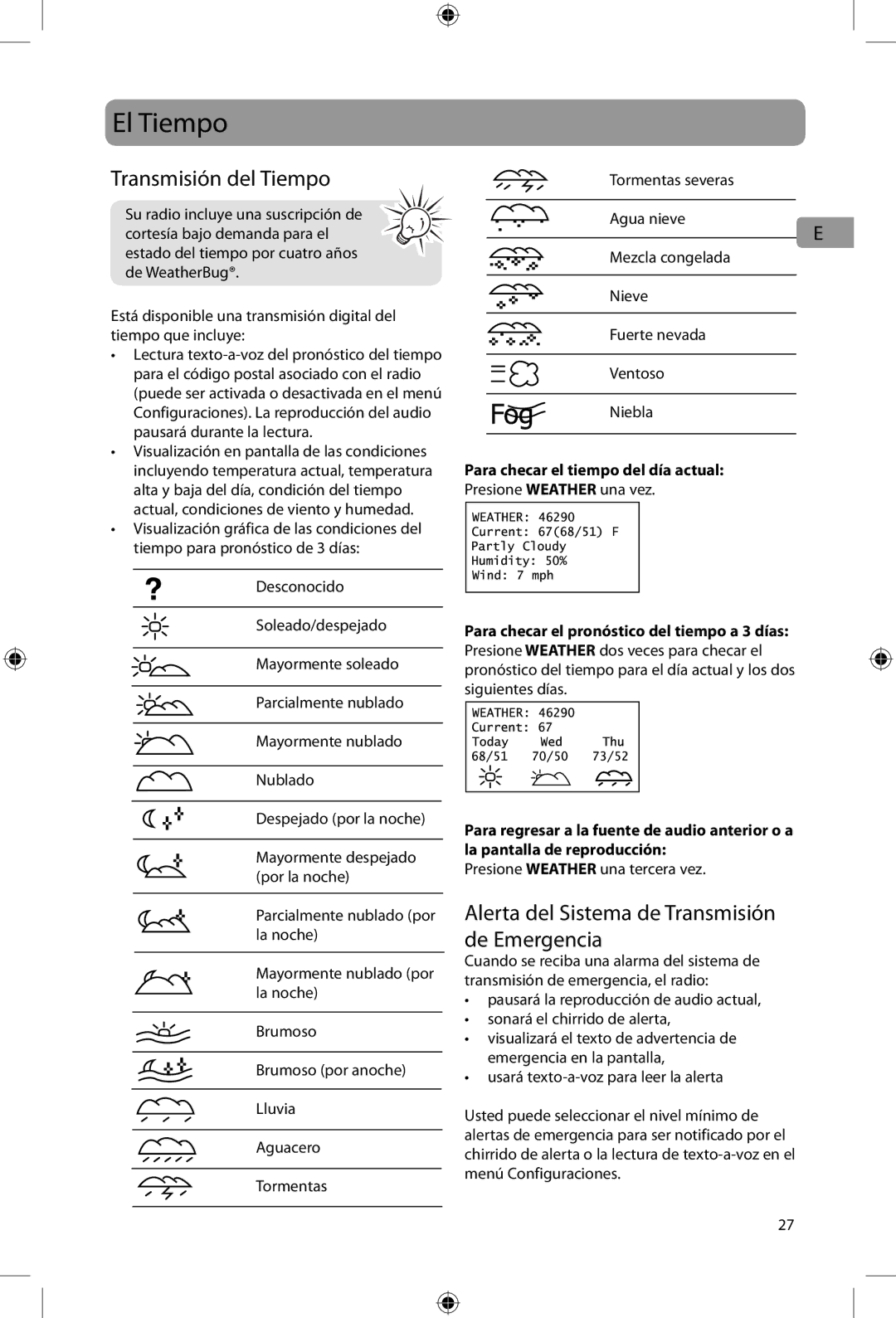 Acoustic Research ARIR200 user manual El Tiempo, Transmisión del Tiempo, Alerta del Sistema de Transmisión de Emergencia 