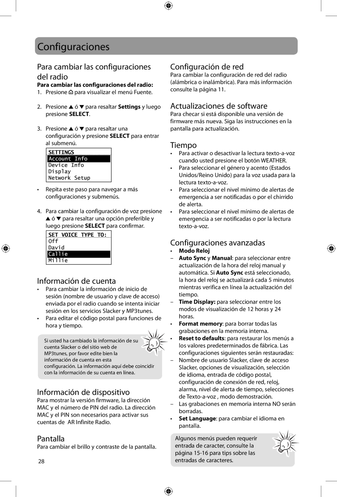 Acoustic Research ARIR200 user manual Configuraciones 