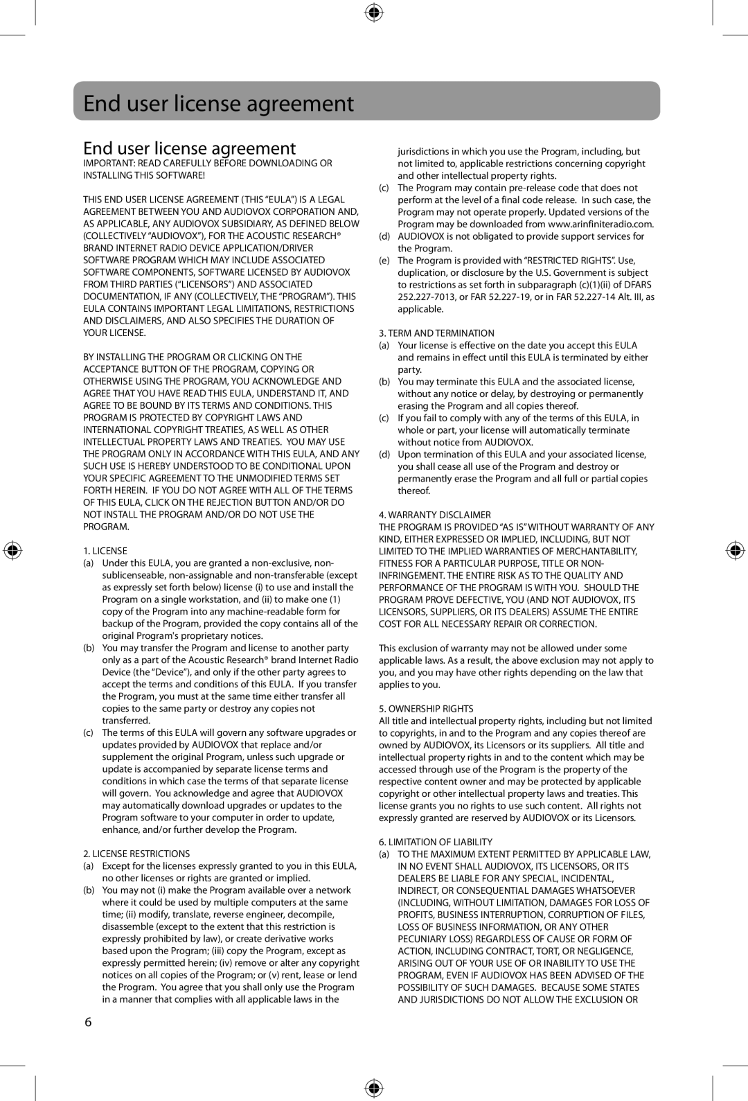 Acoustic Research ARIR200 user manual End user license agreement 