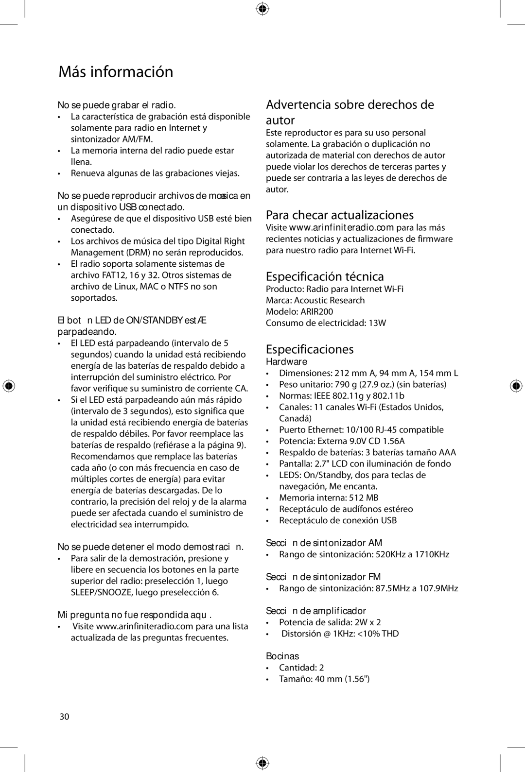 Acoustic Research ARIR200 Advertencia sobre derechos de autor, Para checar actualizaciones Especificación técnica 