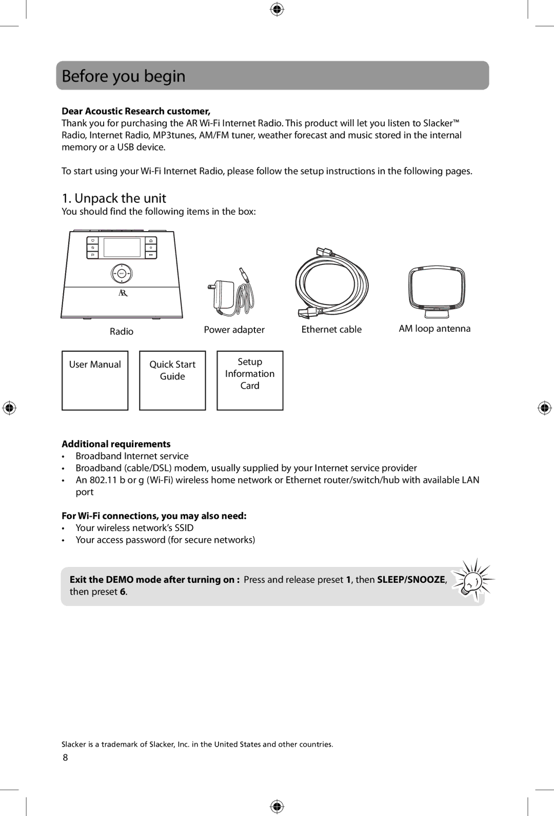 Acoustic Research ARIR200 Before you begin, Unpack the unit, Dear Acoustic Research customer, Additional requirements 