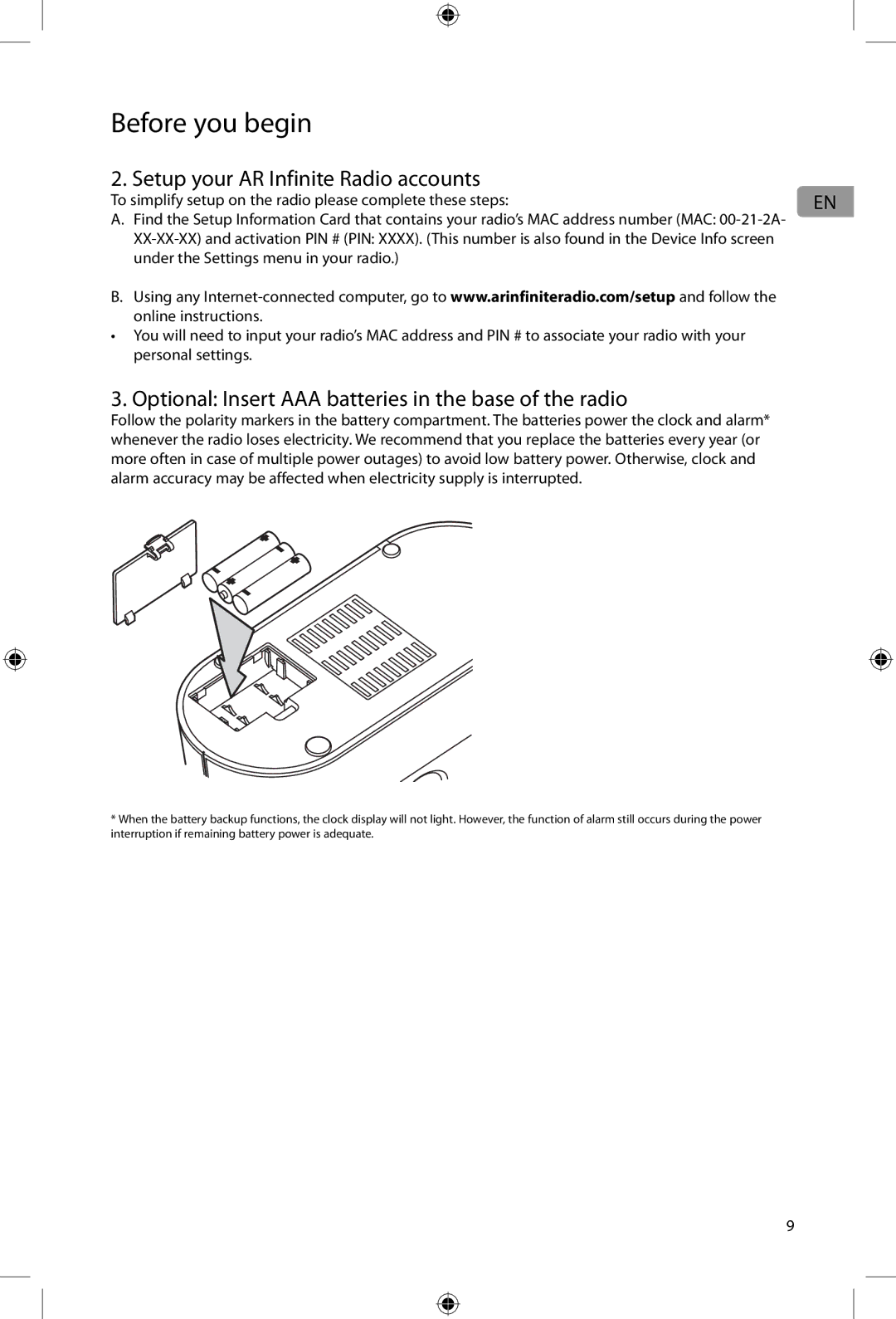 Acoustic Research ARIR200 Setup your AR Infinite Radio accounts, Optional Insert AAA batteries in the base of the radio 