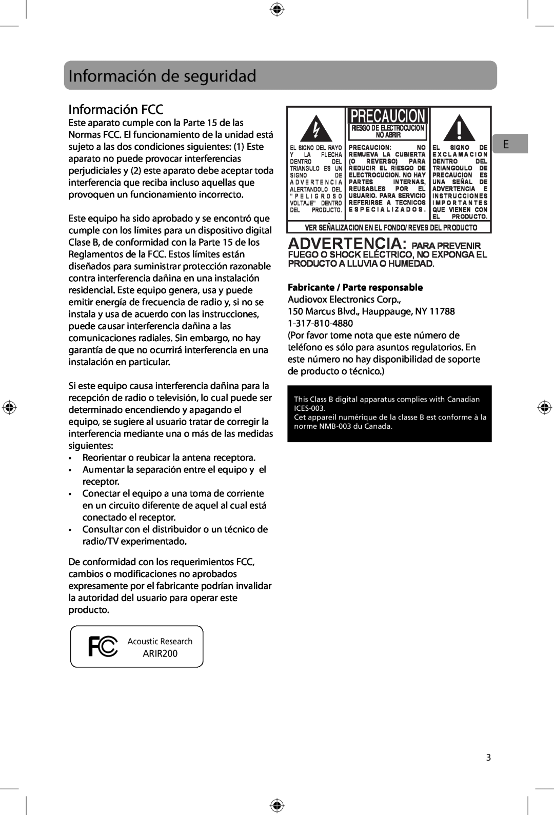 Acoustic Research ARIR200 user manual Información de seguridad, Información FCC, Advertencia: Para Prevenir, Precaucion 