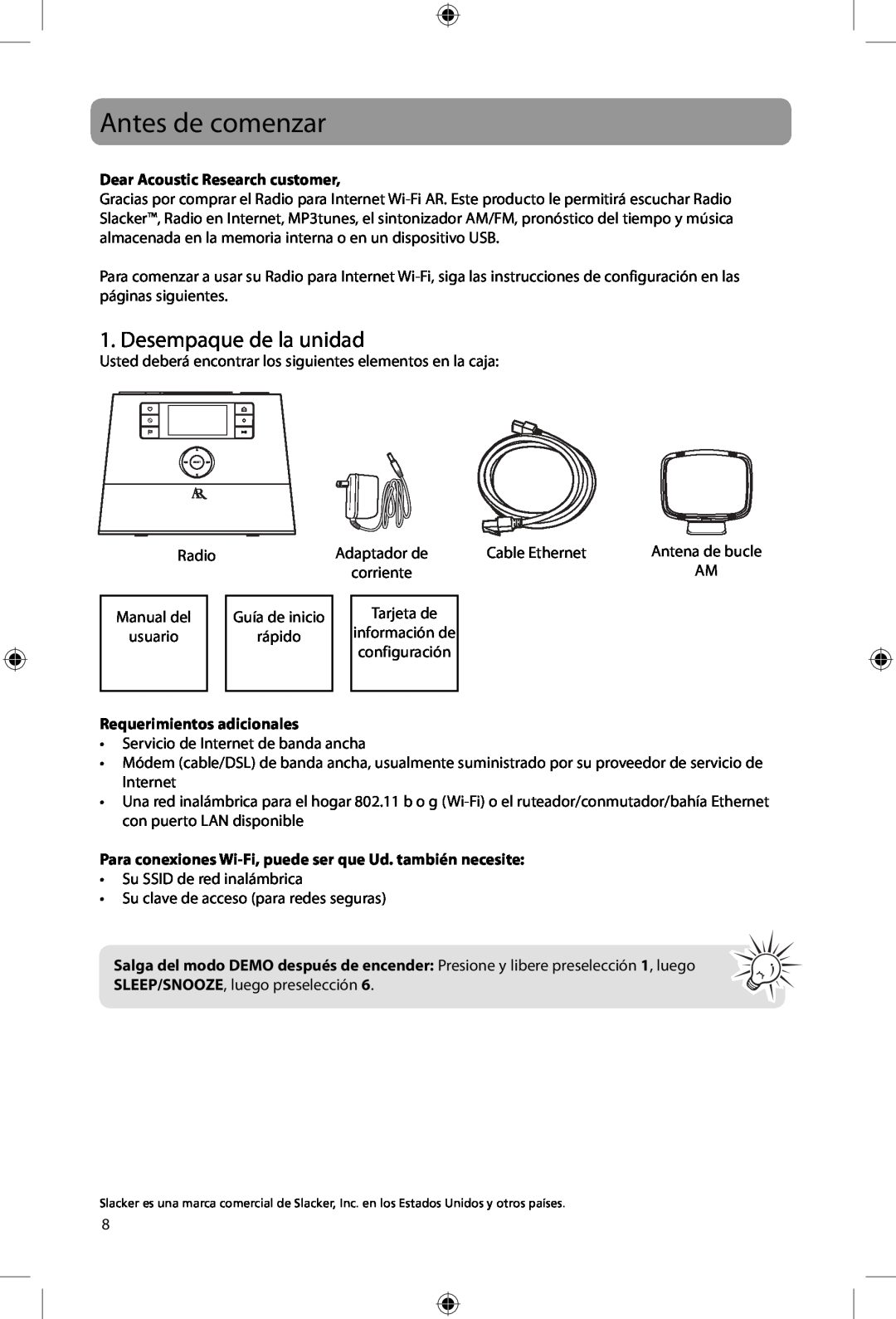 Acoustic Research ARIR200 user manual Antes de comenzar, Desempaque de la unidad, Dear Acoustic Research customer 