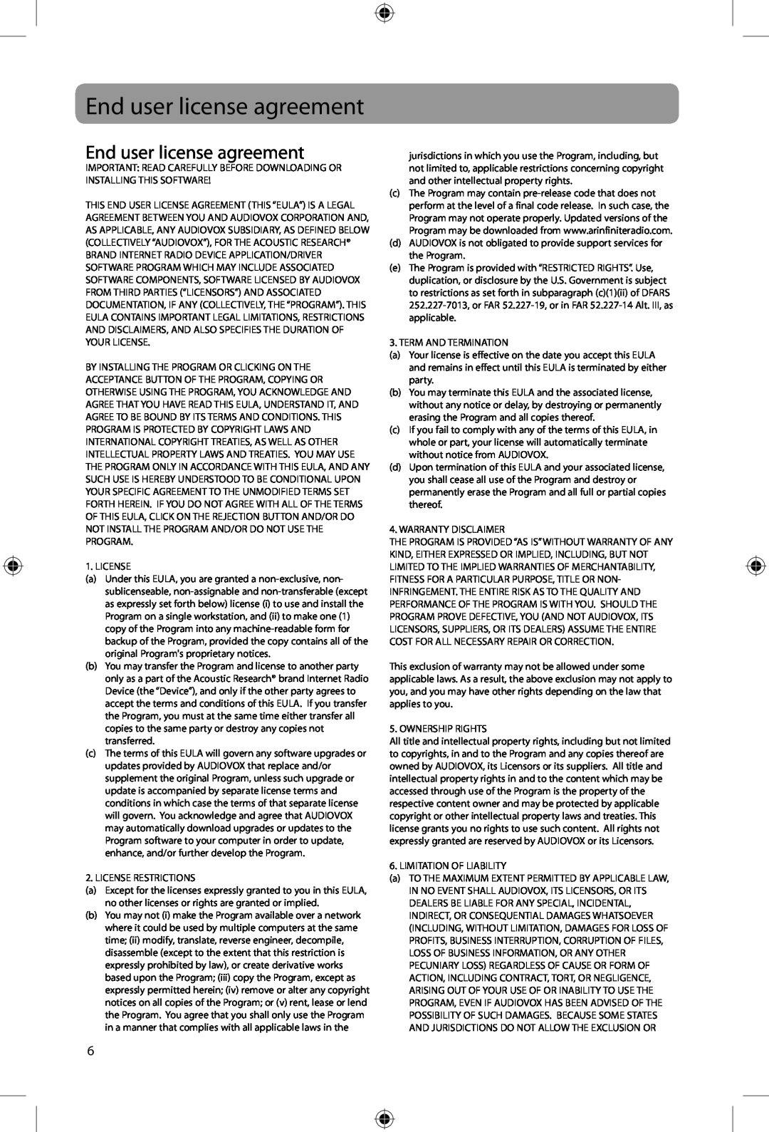 Acoustic Research ARIR200 user manual End user license agreement 