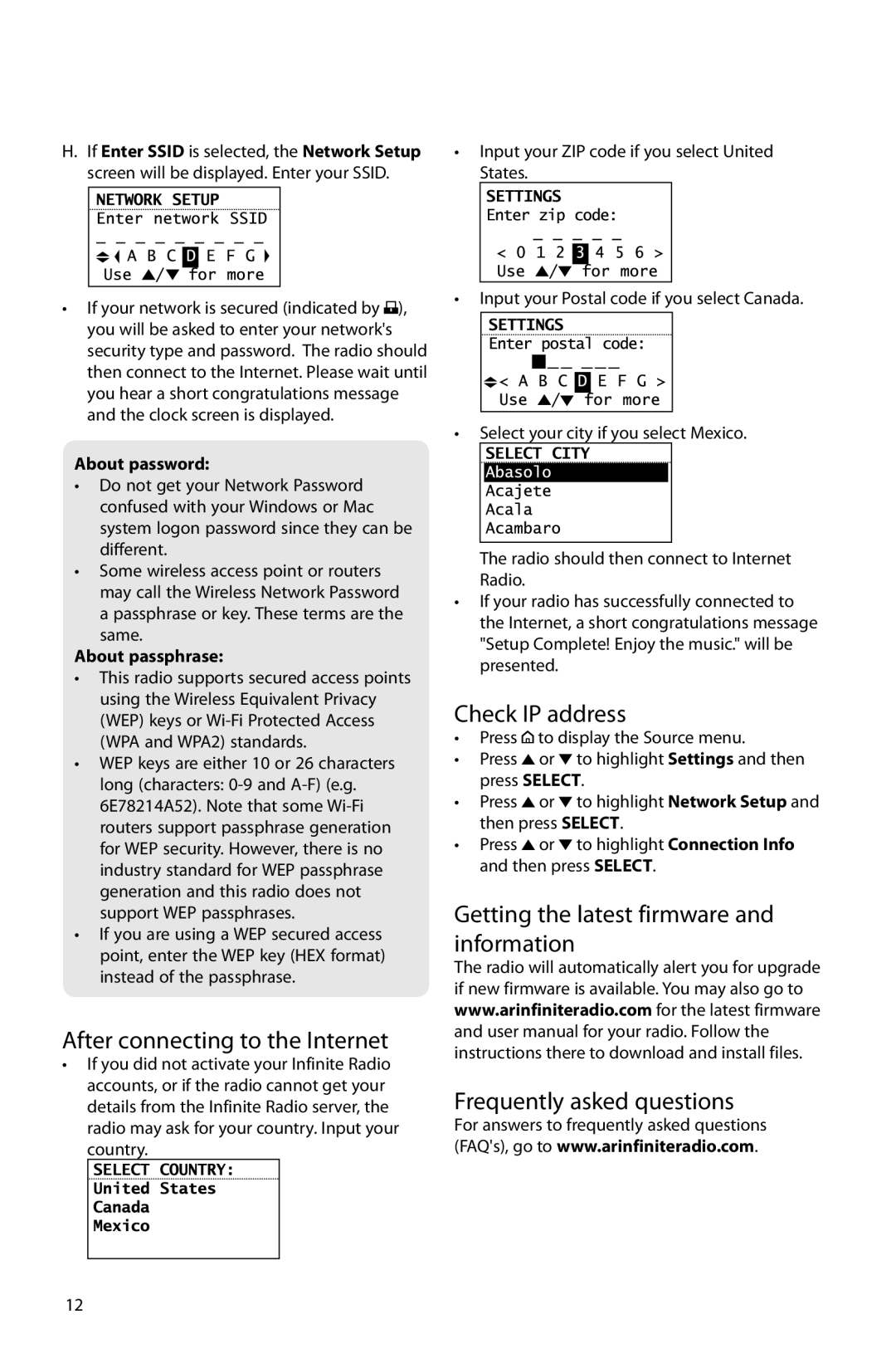 Acoustic Research ARIR201 user manual After connecting to the Internet, Check IP address, About password, About passphrase 