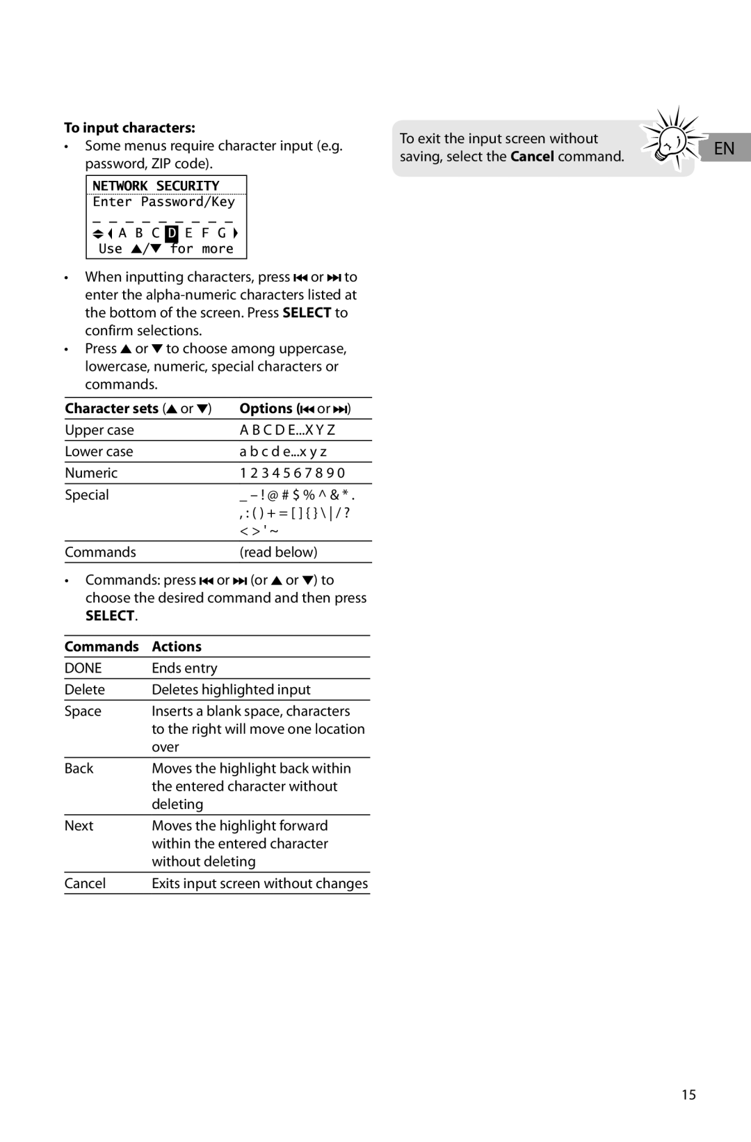 Acoustic Research ARIR201 user manual To input characters, Character sets or, Actions 