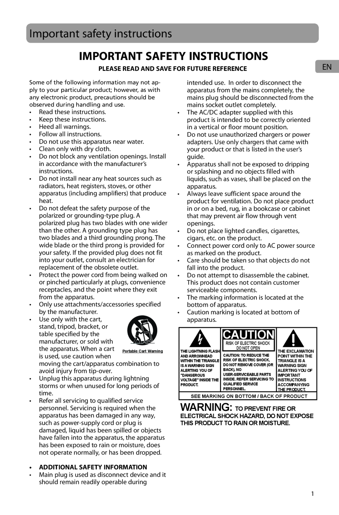 Acoustic Research ARIR201 user manual Important safety instructions, Important Safety Instructions 