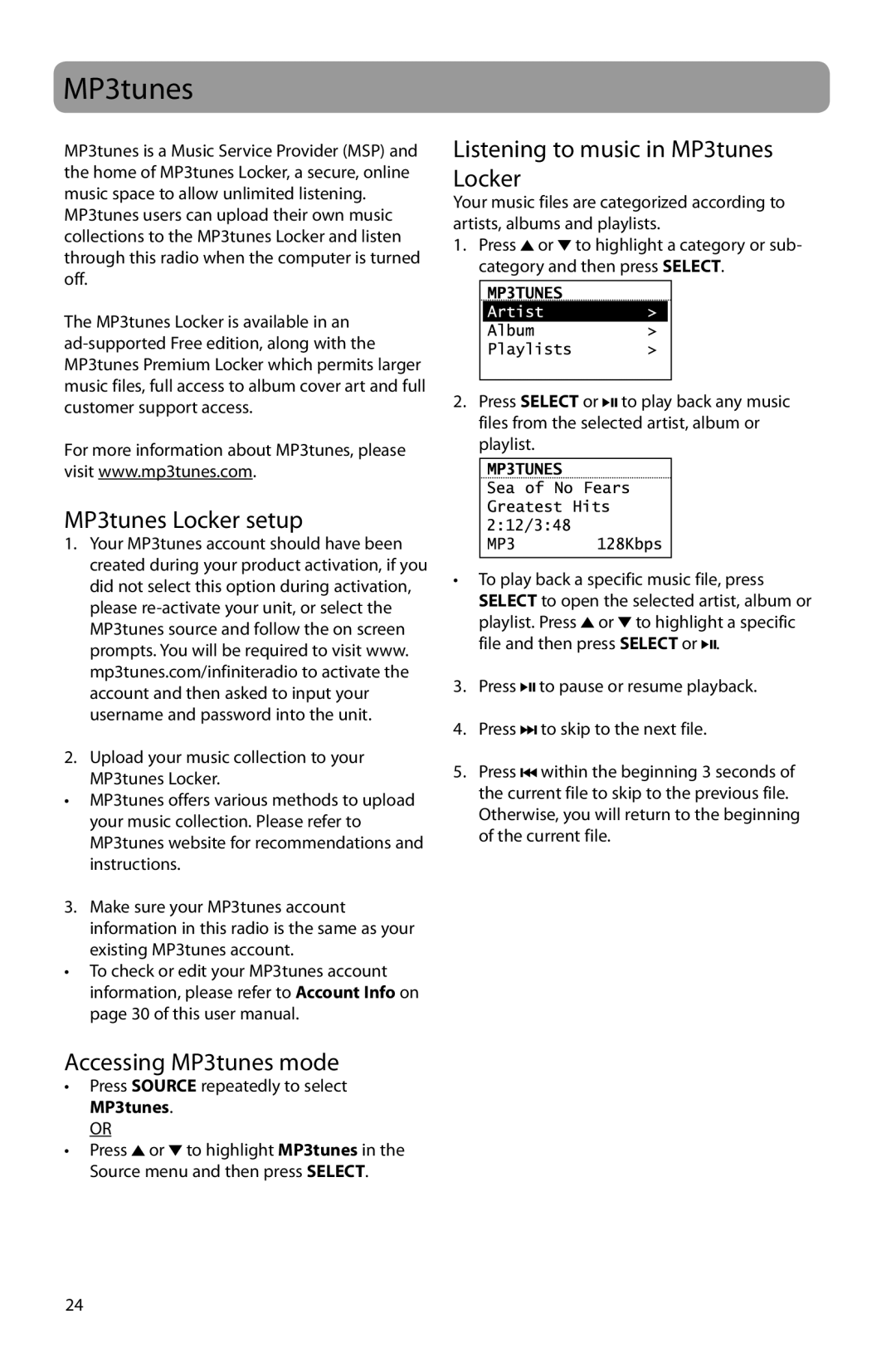 Acoustic Research ARIR201 Listening to music in MP3tunes Locker, MP3tunes Locker setup, Accessing MP3tunes mode 