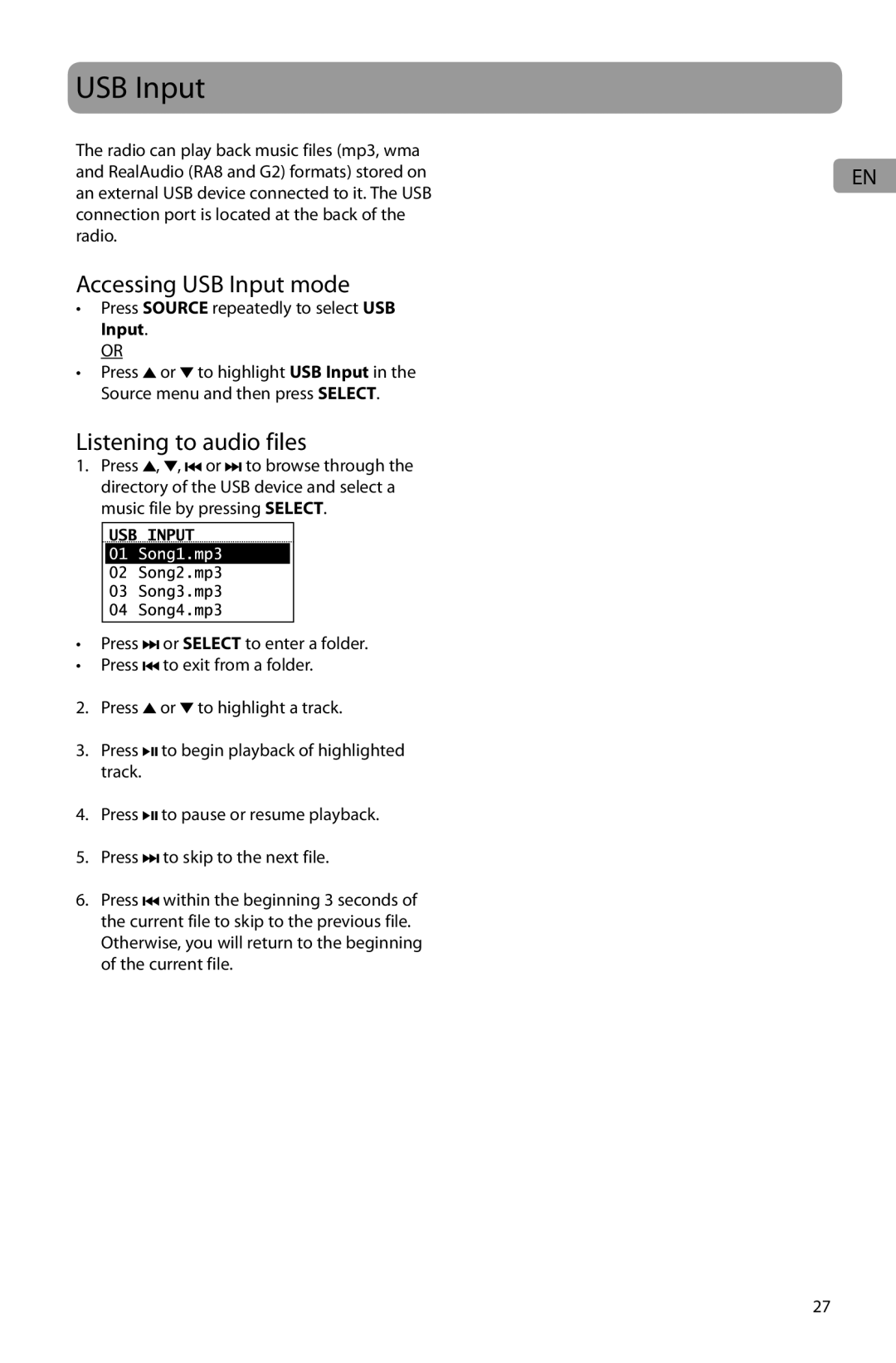 Acoustic Research ARIR201 user manual Accessing USB Input mode, Listening to audio files 