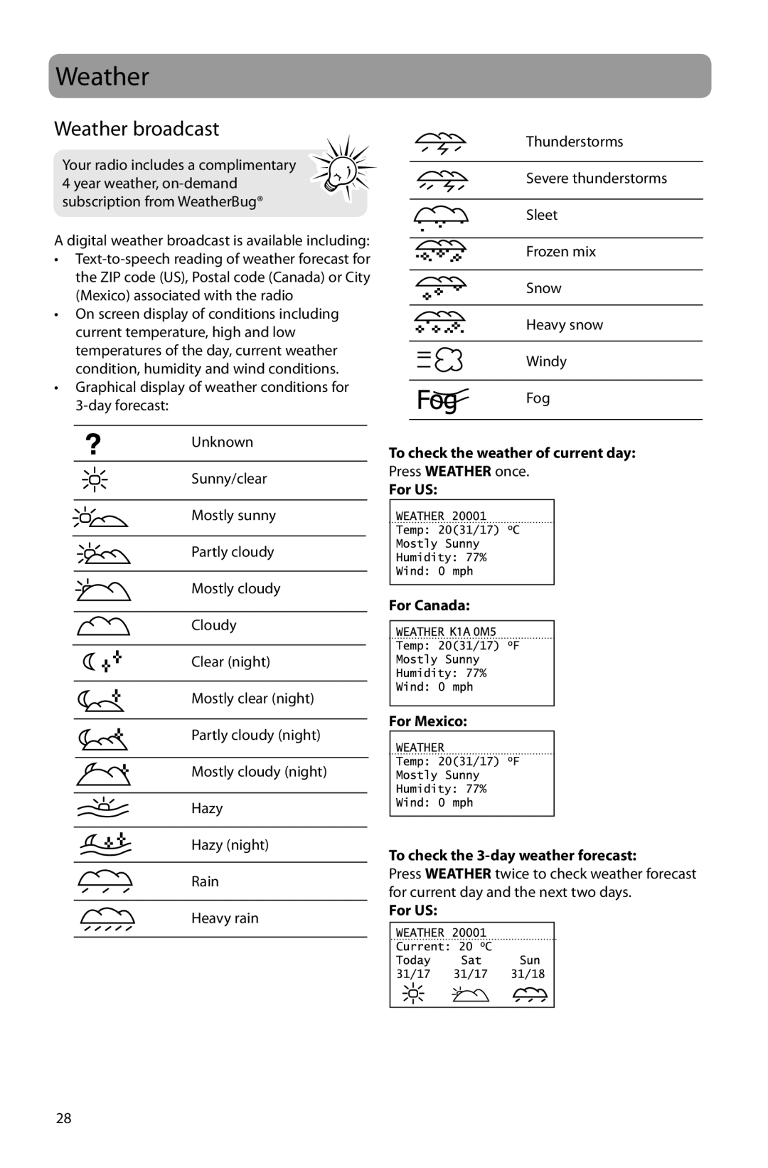 Acoustic Research ARIR201 user manual Weather broadcast, For US 