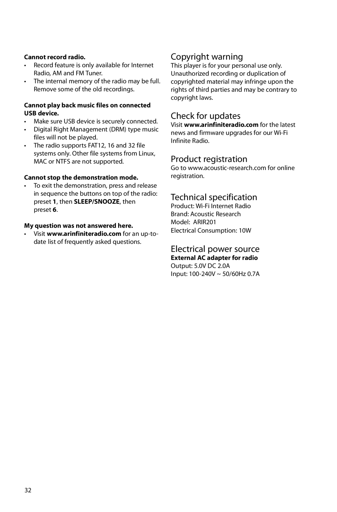 Acoustic Research ARIR201 user manual Copyright warning, Electrical power source 