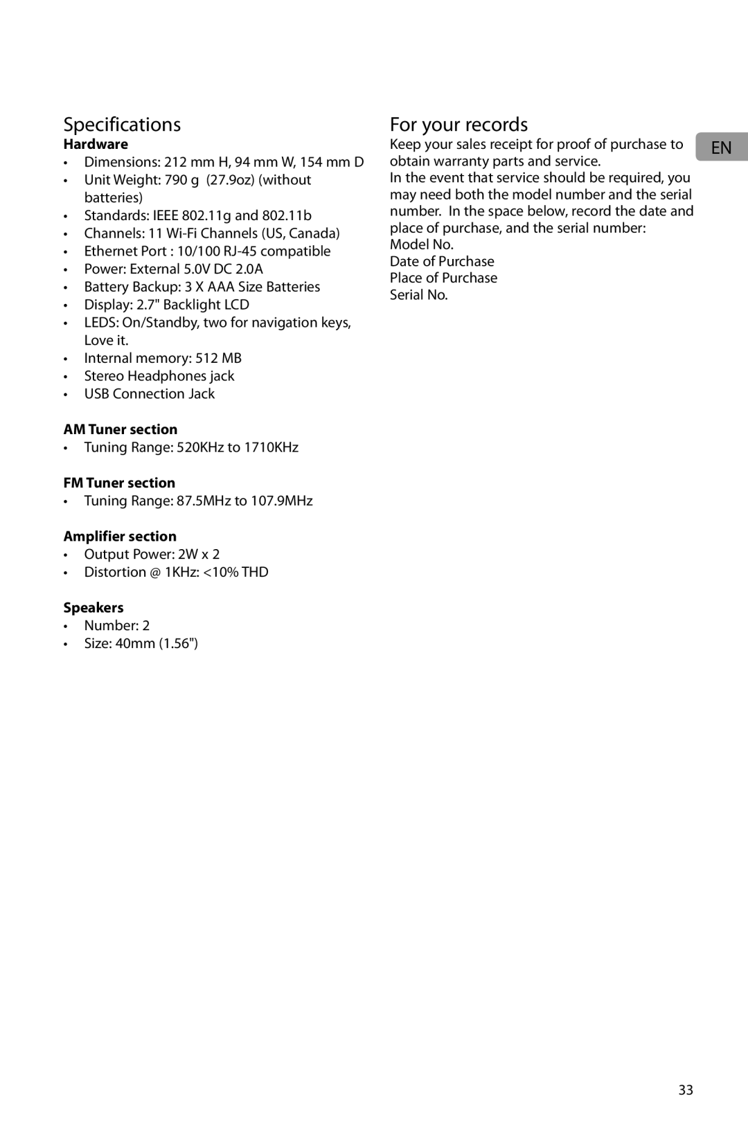 Acoustic Research ARIR201 user manual Specifications, For your records 