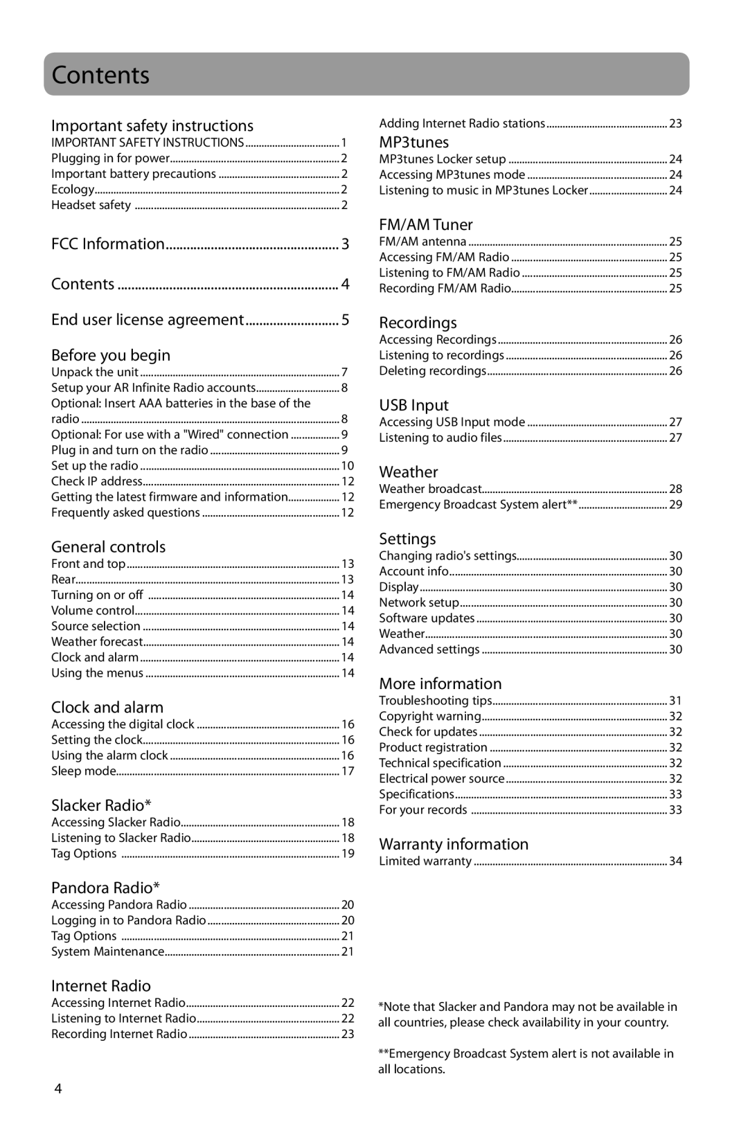 Acoustic Research ARIR201 user manual Contents 