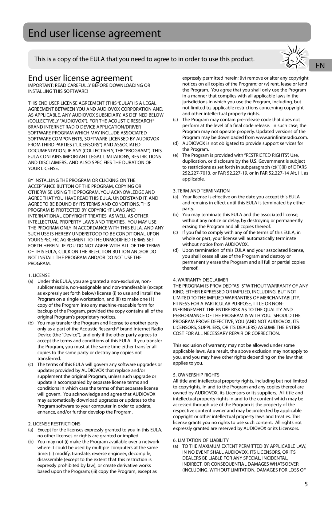 Acoustic Research ARIR201 user manual End user license agreement 