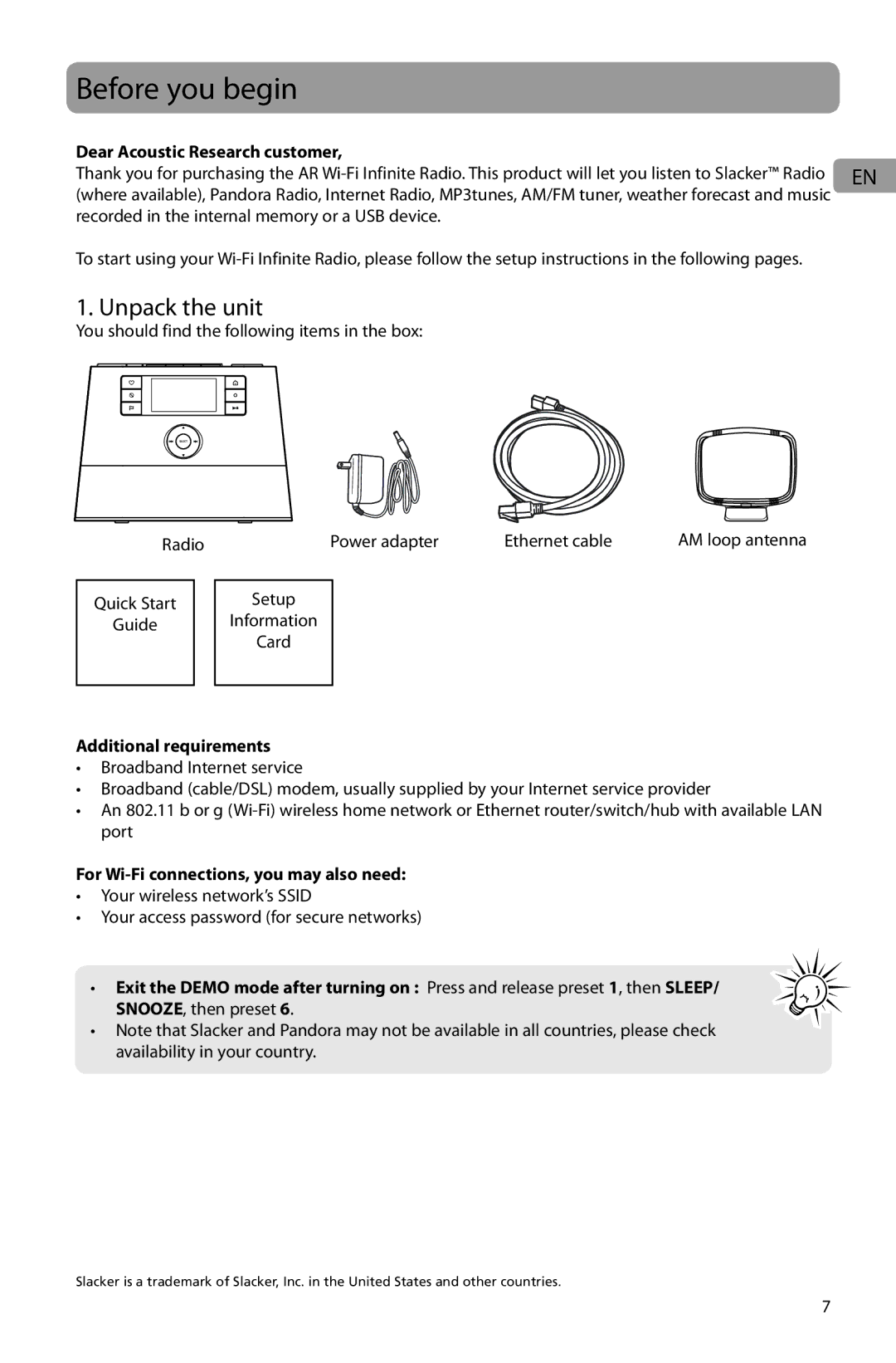 Acoustic Research ARIR201 Before you begin, Unpack the unit, Dear Acoustic Research customer, Additional requirements 