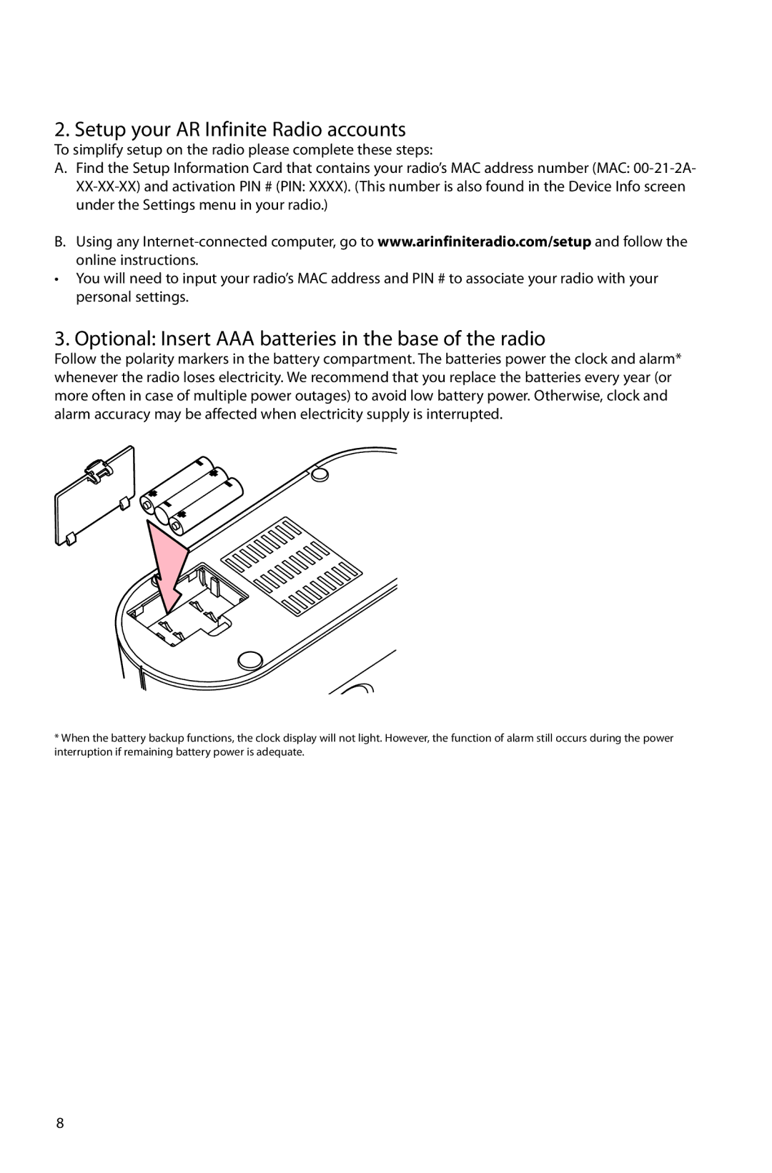 Acoustic Research ARIR201 Setup your AR Infinite Radio accounts, Optional Insert AAA batteries in the base of the radio 