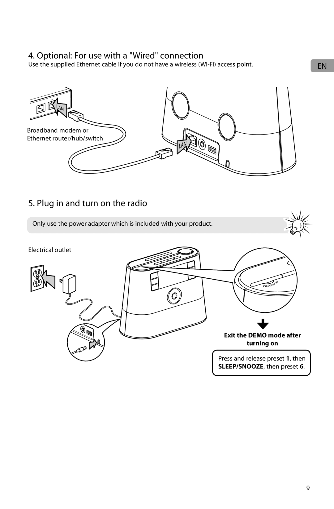 Acoustic Research ARIR201 user manual Optional For use with a Wired connection, Plug in and turn on the radio, Lan 