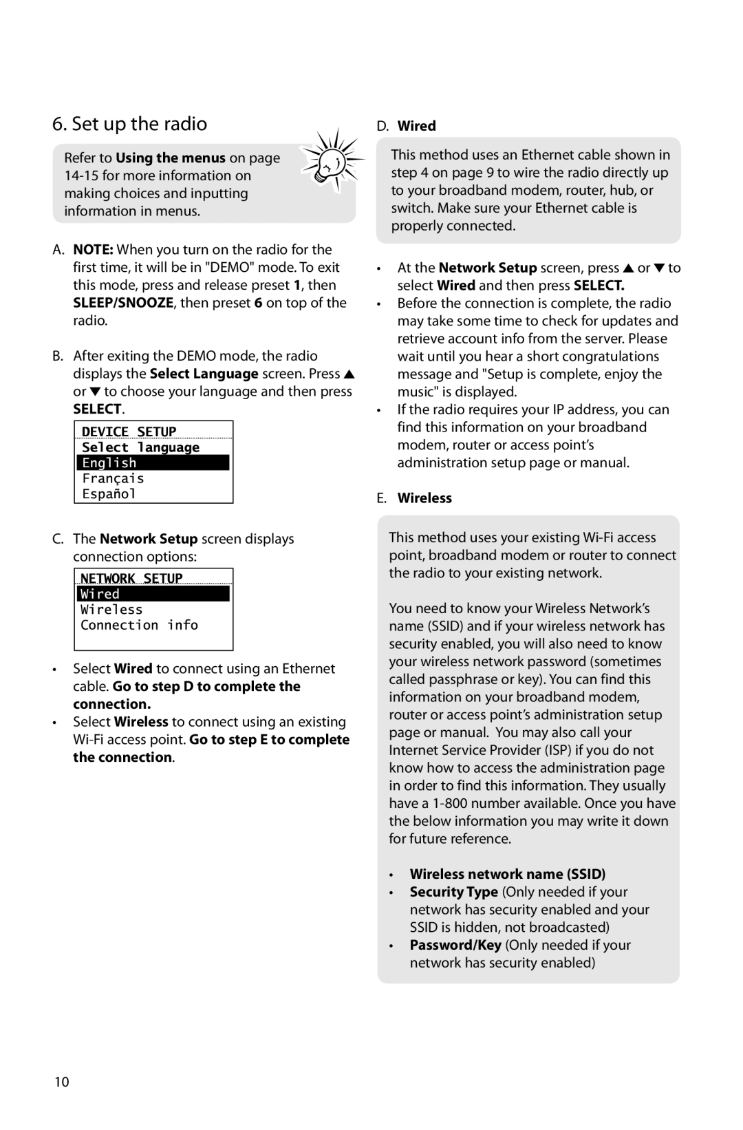 Acoustic Research ARIR201 user manual Set up the radio, Wired, Network Setup screen displays connection options, Wireless 