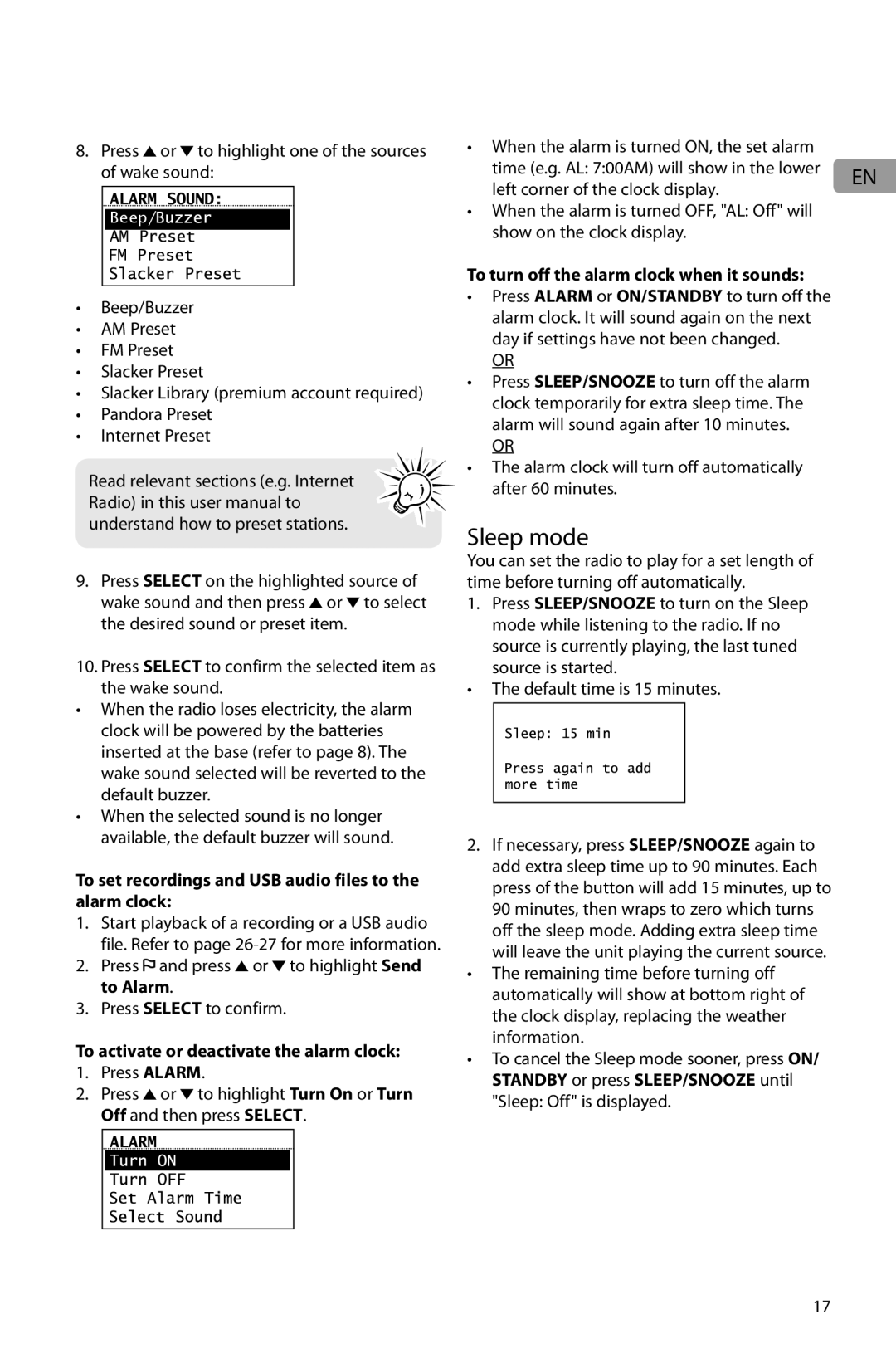 Acoustic Research ARIR201 user manual Sleep mode, To set recordings and USB audio files to the alarm clock 