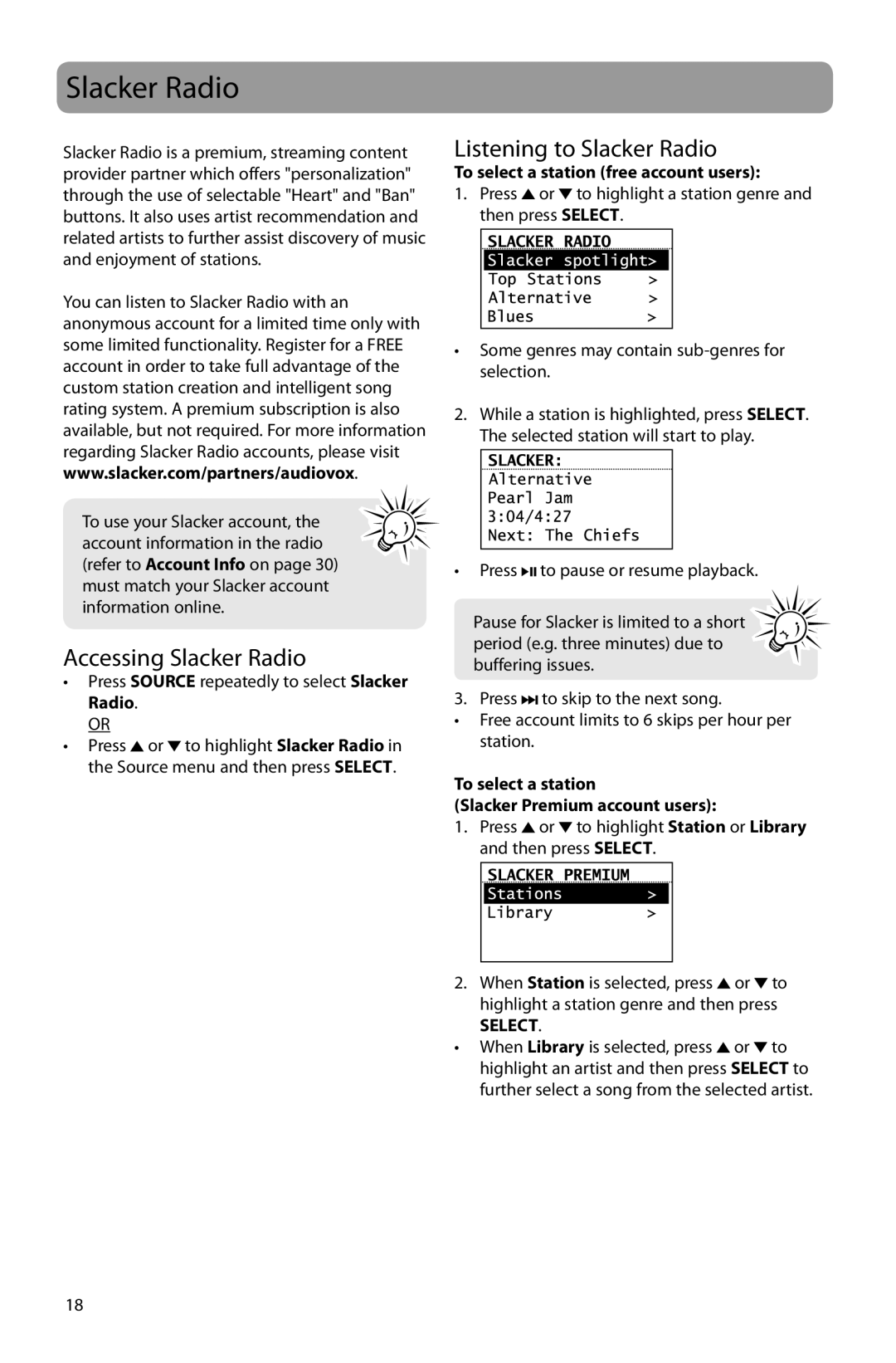 Acoustic Research ARIR201 Accessing Slacker Radio, Listening to Slacker Radio, To select a station free account users 