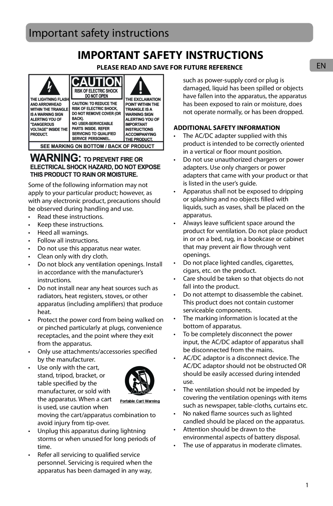 Acoustic Research ARIR201 user manual Important safety instructions, Use of apparatus in moderate climates 