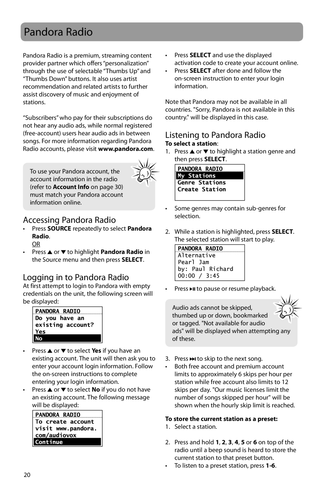 Acoustic Research ARIR201 user manual Accessing Pandora Radio, Listening to Pandora Radio, Logging in to Pandora Radio 