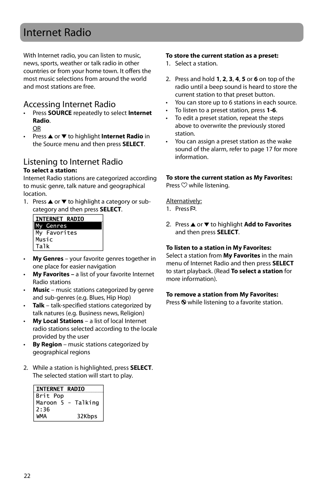 Acoustic Research ARIR201 user manual Accessing Internet Radio, Listening to Internet Radio 