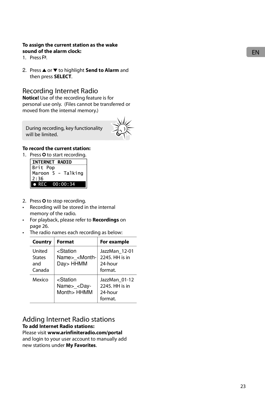 Acoustic Research ARIR201 user manual Recording Internet Radio, Adding Internet Radio stations, Country Format For example 