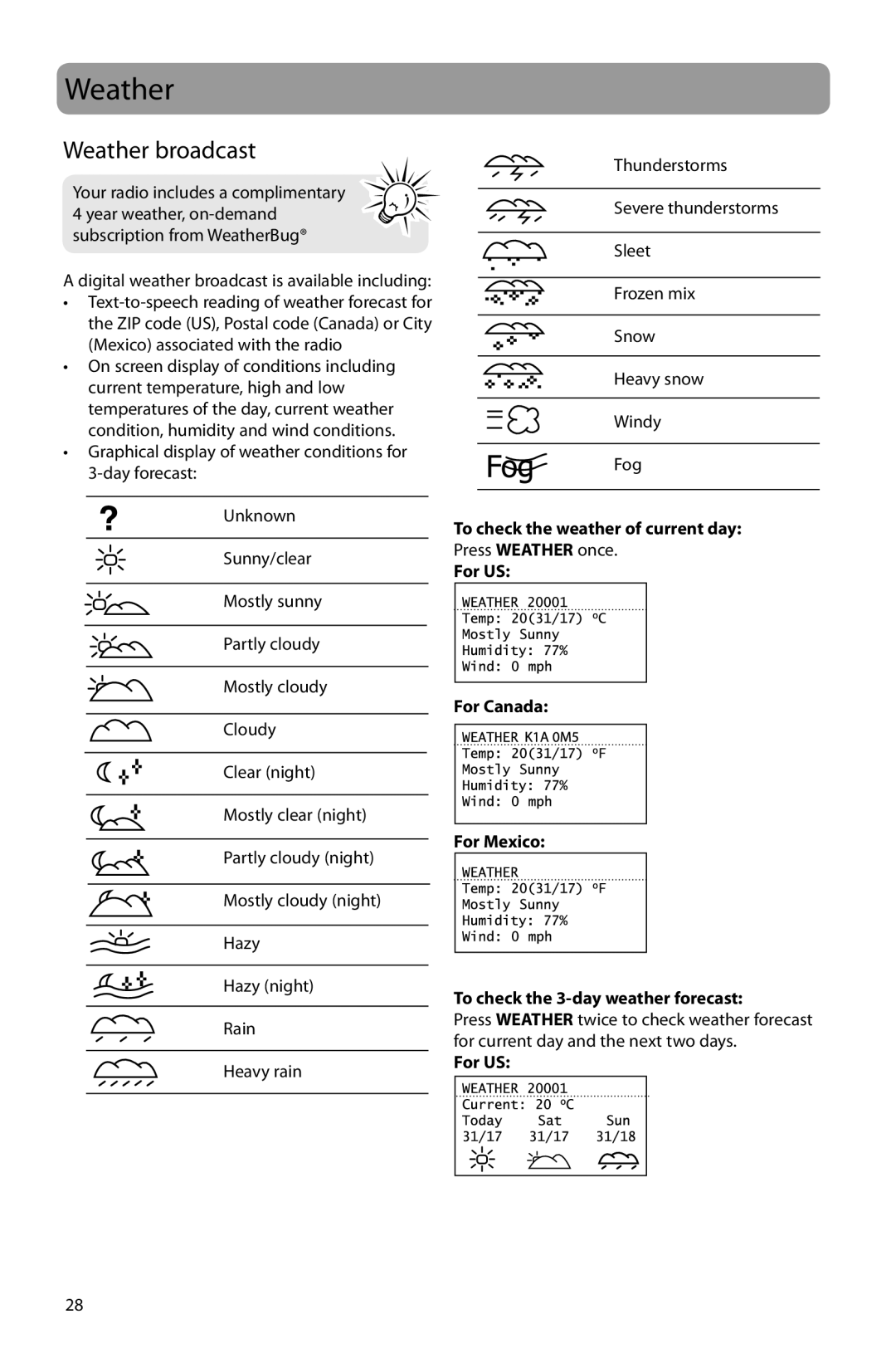 Acoustic Research ARIR201 user manual Weather broadcast, For US 