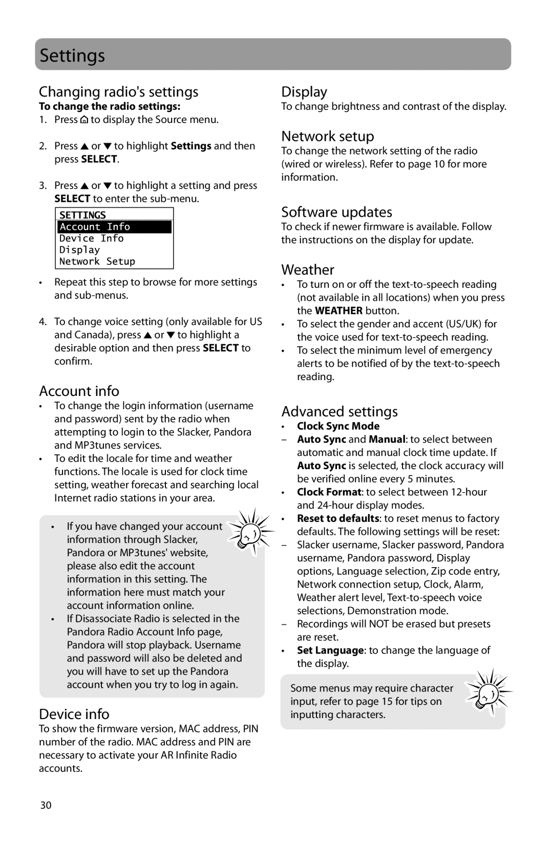 Acoustic Research ARIR201 user manual Settings 